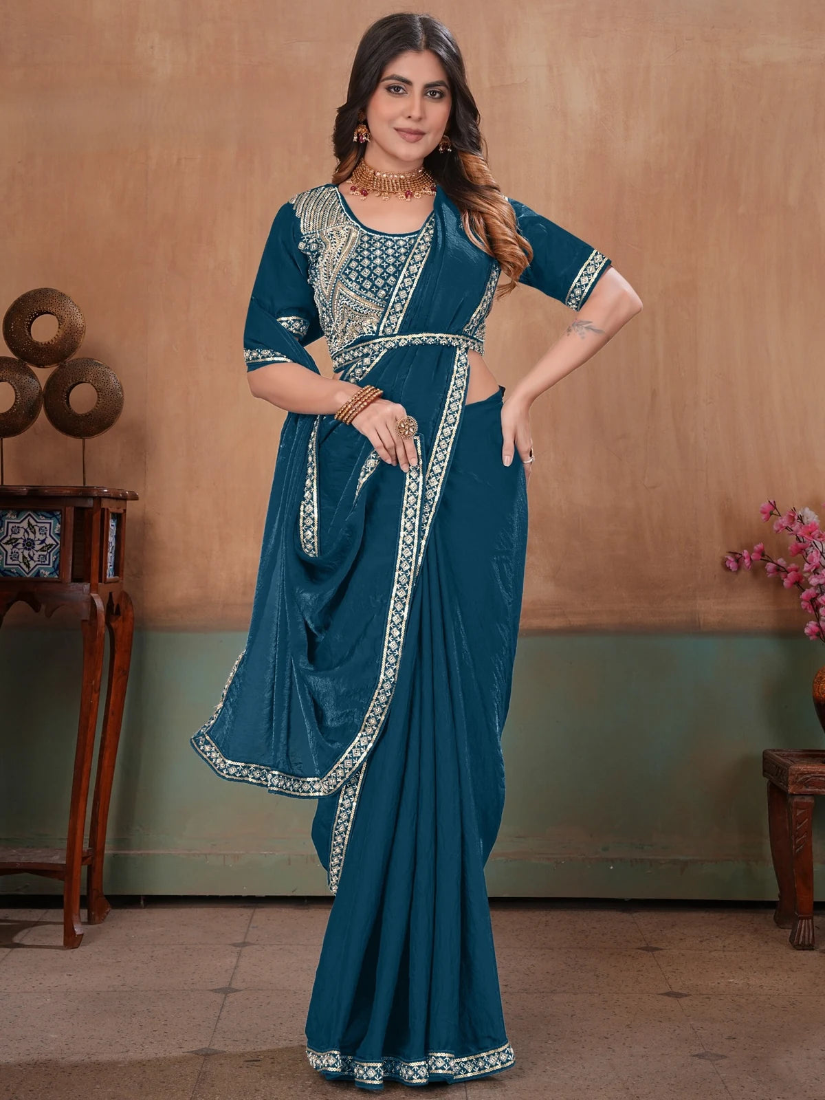 Tarani teal Fandy Satin saree front drape and border view