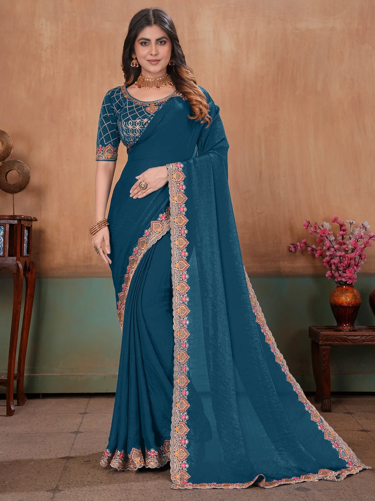 Tarani teal Fandy Satin embroidered saree with stitched blouse full front view