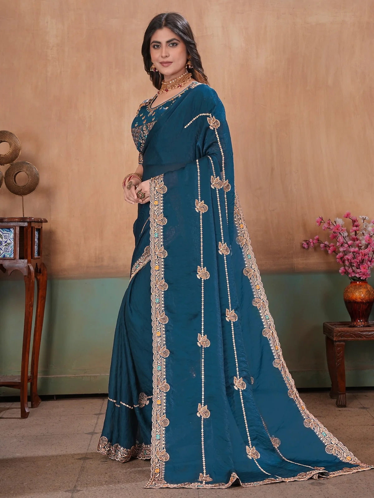 Tarani teal Soft Fandy Satin saree elegant side profile with detailed border