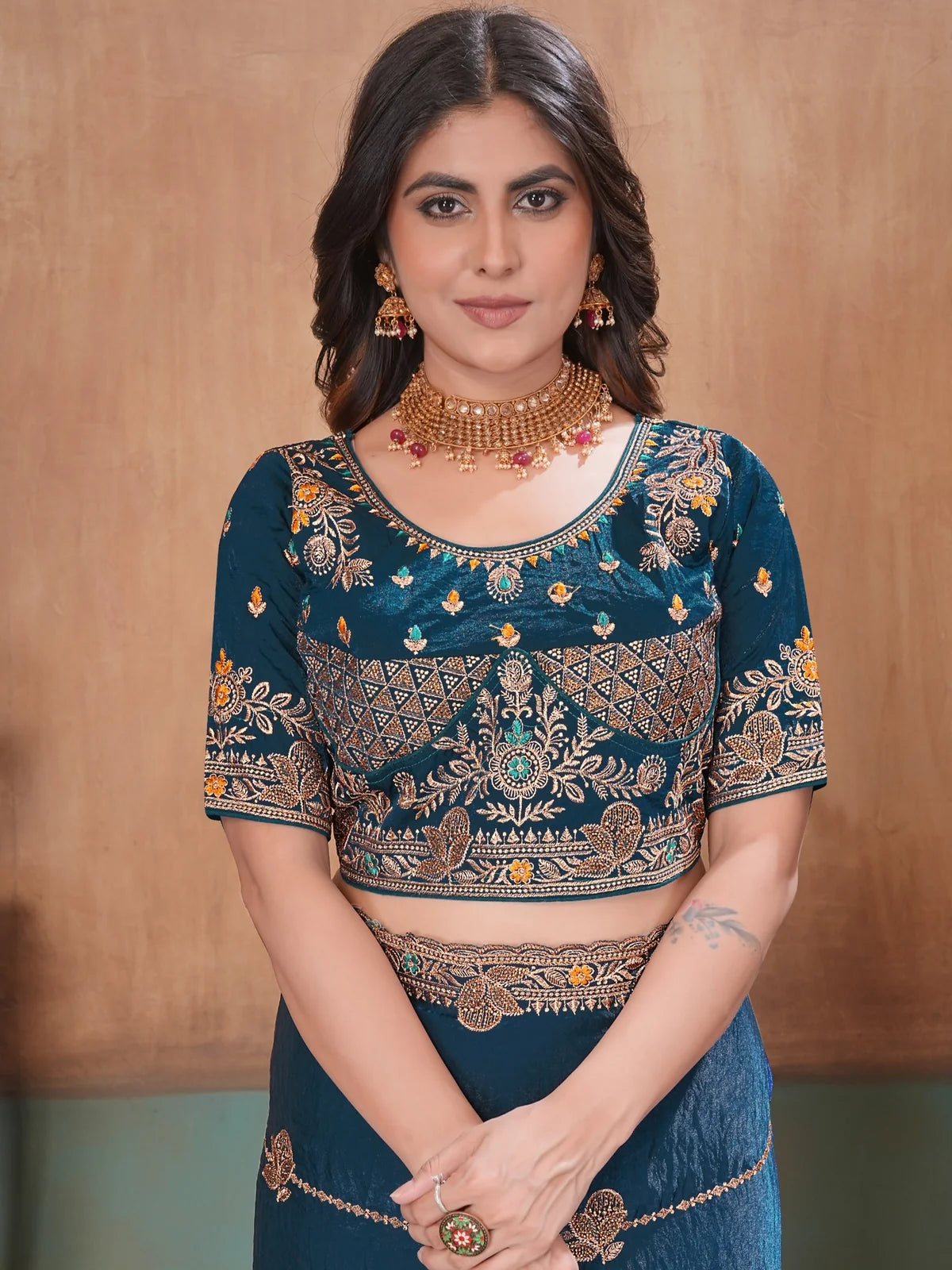 Tarani teal Soft Fandy Satin stitched blouse upper body embroidery view