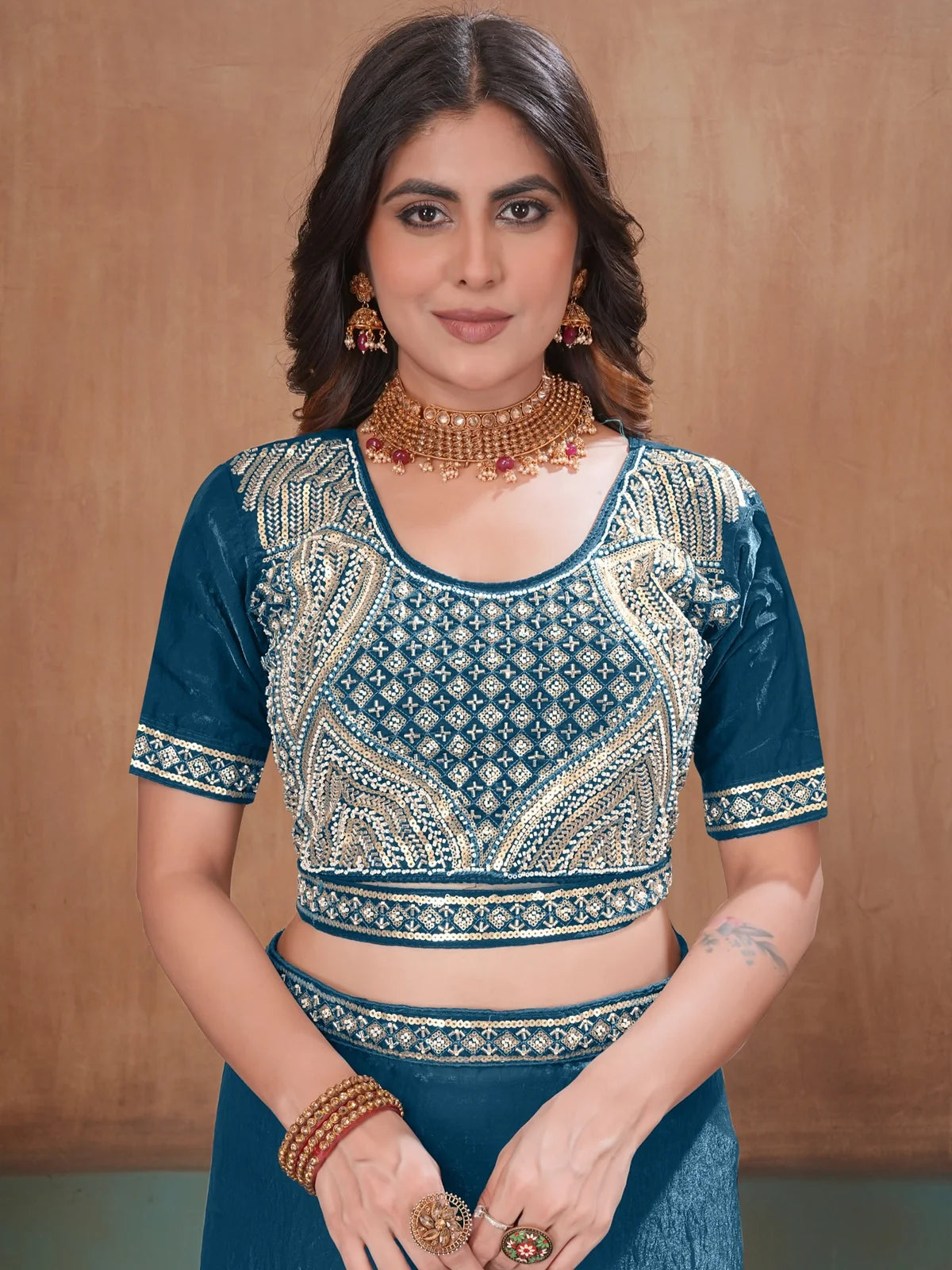 Tarani teal Fandy Satin saree upper body embroidery blouse view