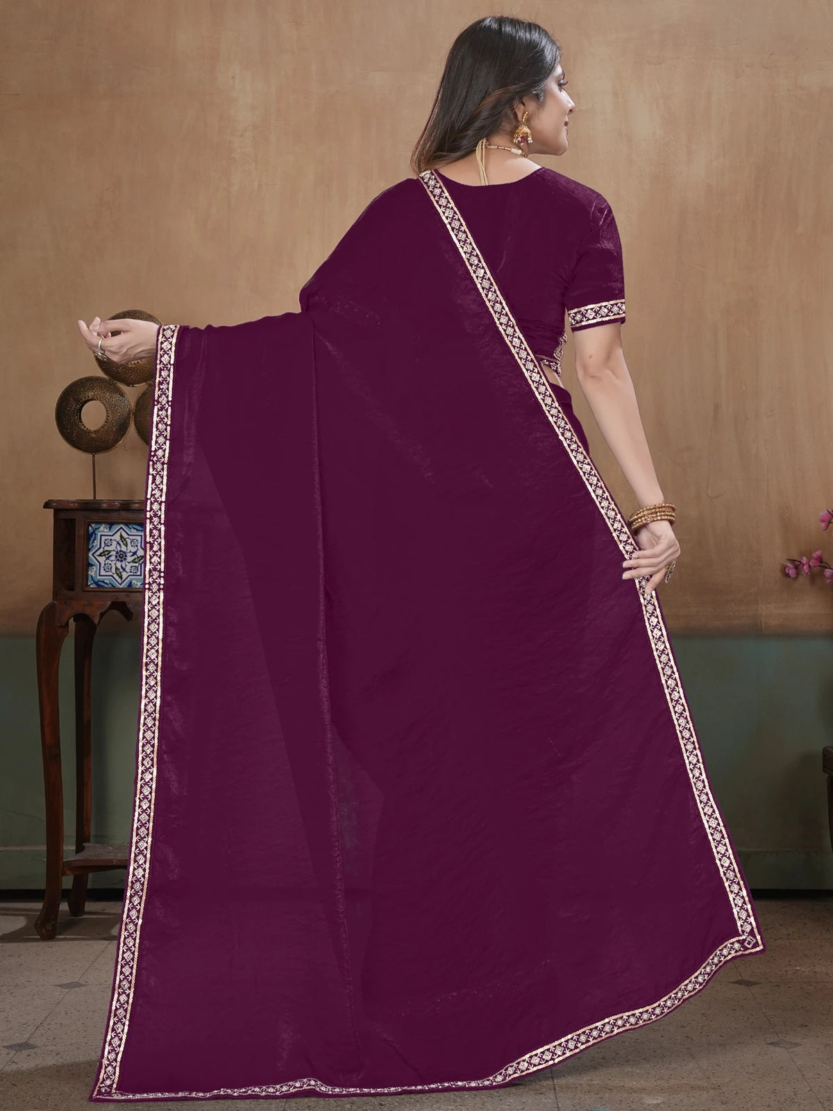 Tarani wine Soft Fandy Satin saree with embroidery stitched blouse back view