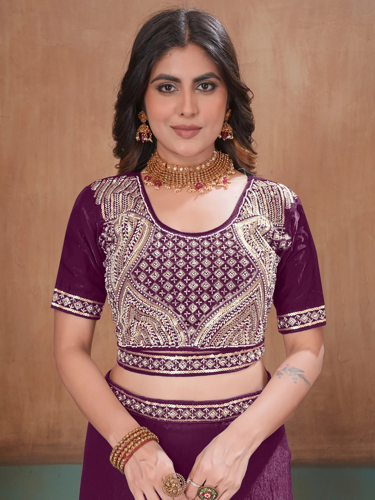 Tarani wine Soft Fandy Satin saree with embroidery stitched blouse blouse view