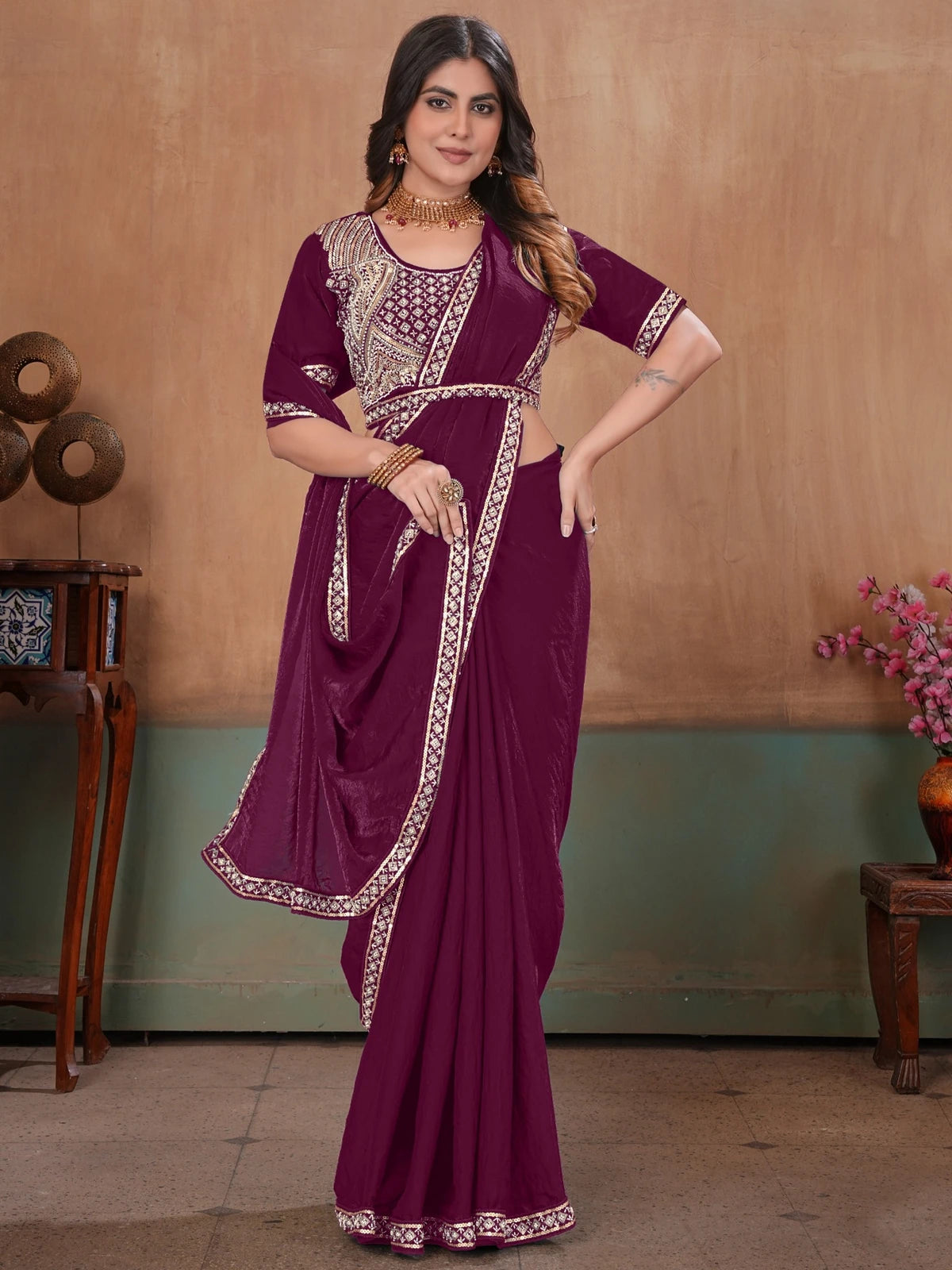 Tarani wine Soft Fandy Satin saree with embroidery stitched blouse front view