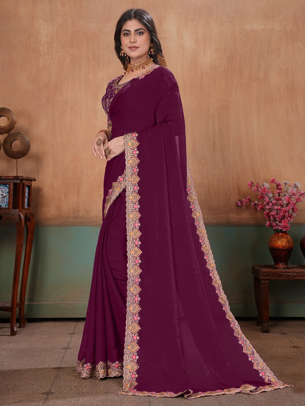 Tarani wine Soft Fandy Satin embroidery bits work saree side-view with readymade blouse Anshita