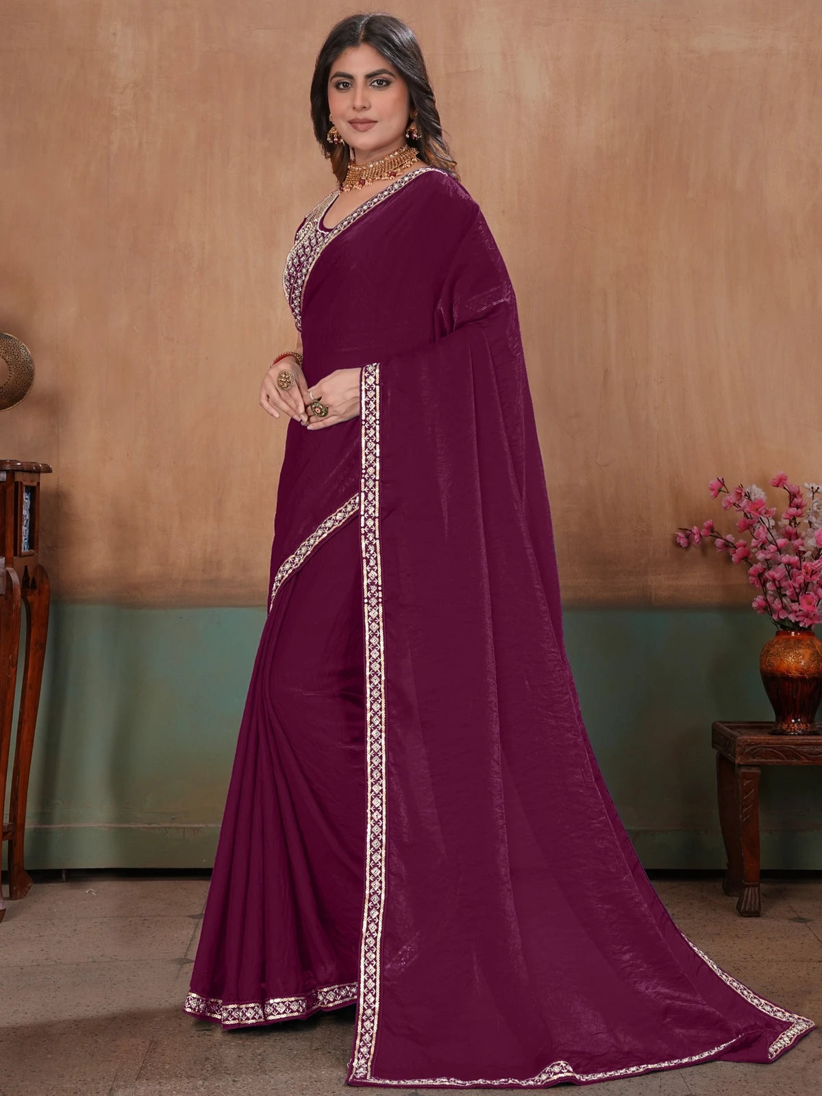 Tarani wine Soft Fandy Satin saree with embroidery stitched blouse side view