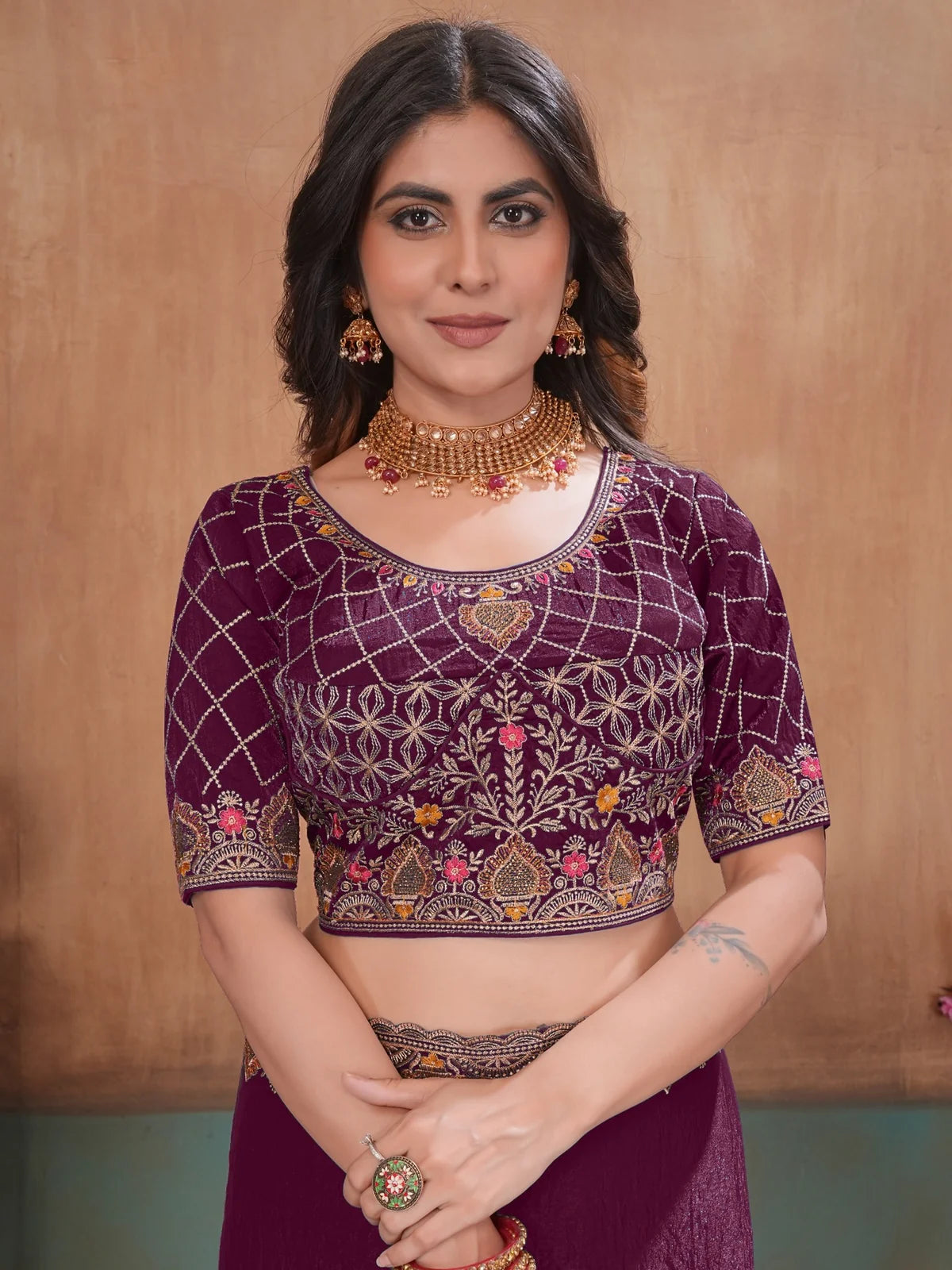 Tarani wine Soft Fandy Satin embroidery bits work saree upper-body-view with readymade blouse Anshita