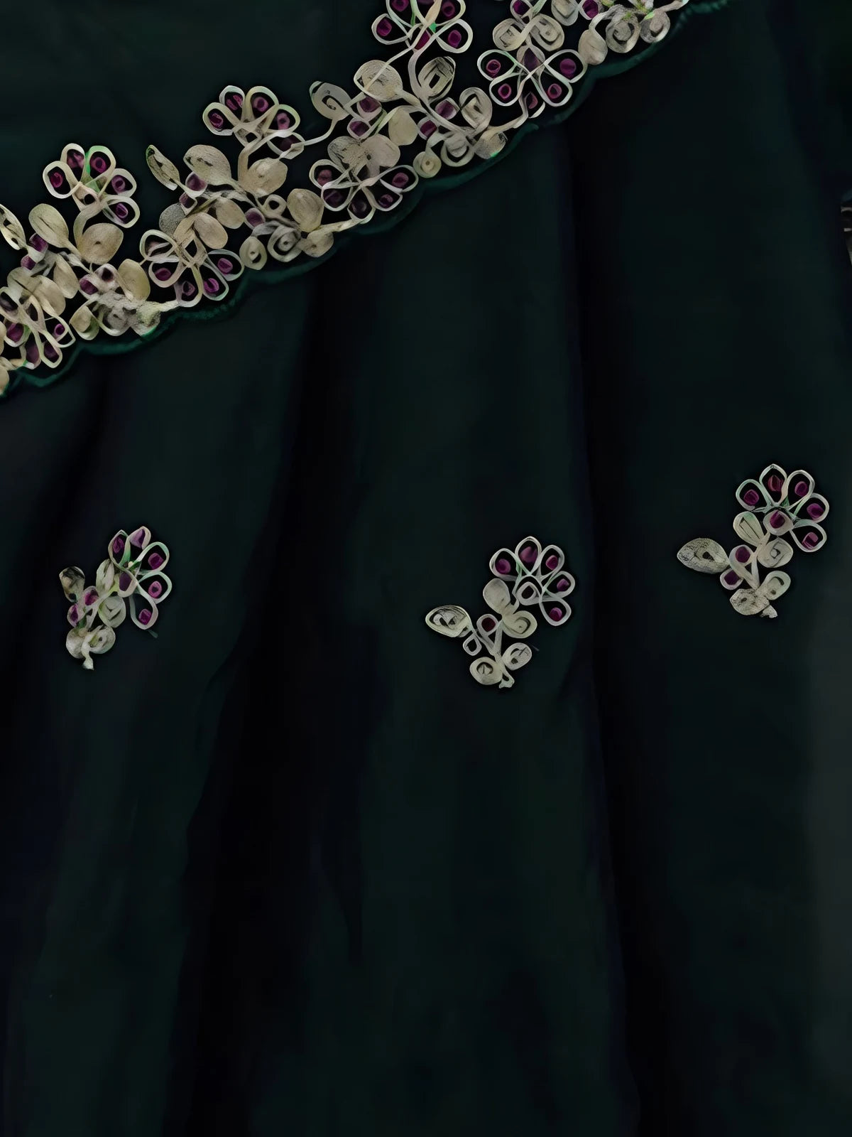 Tarani green Fandy Satin Silk saree closeup of sequin thread embroidery and cutwork details