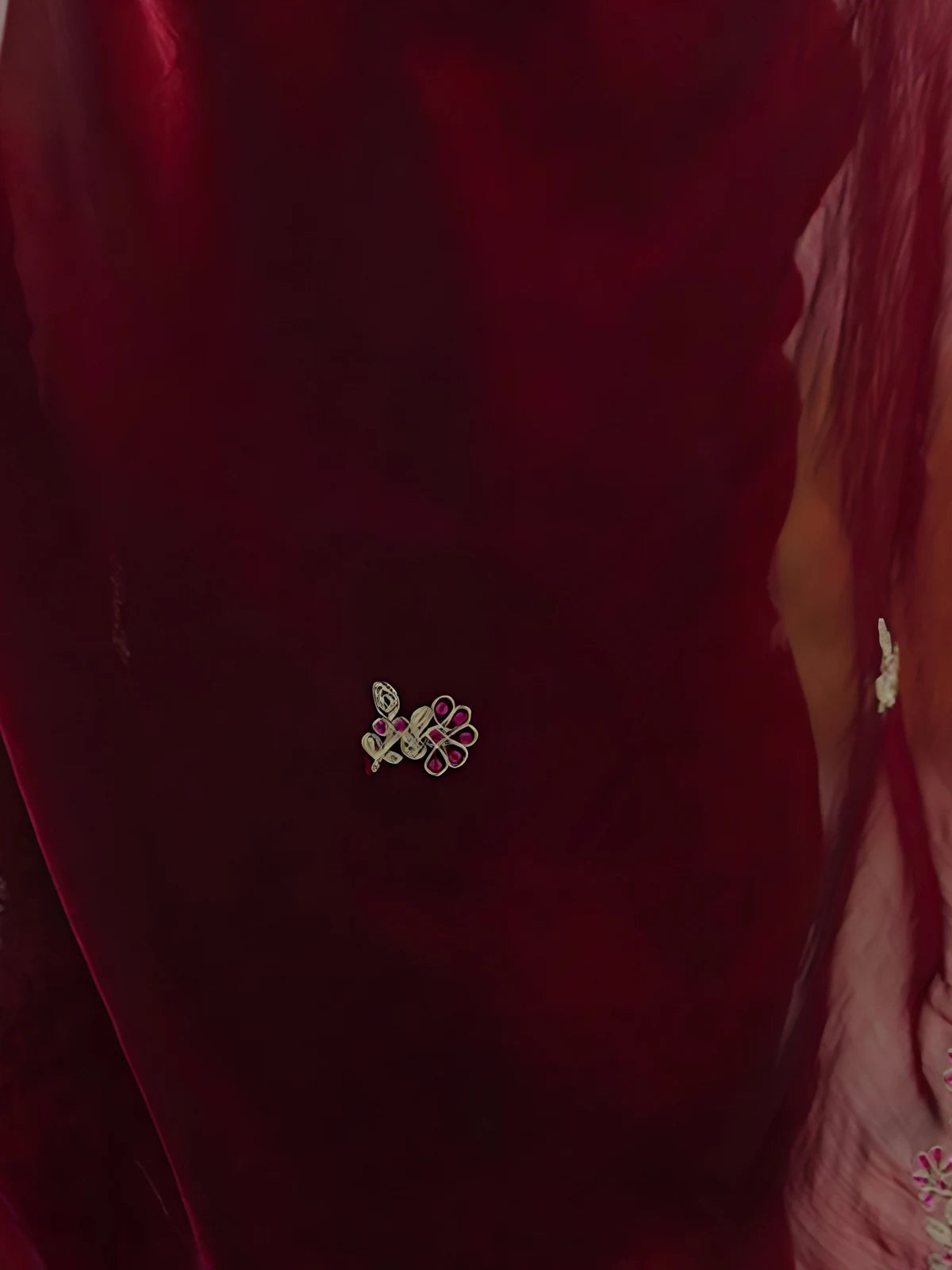 Tarani closeup view of maroon Fandy Satin Silk saree embroidery motif and sequin detailing