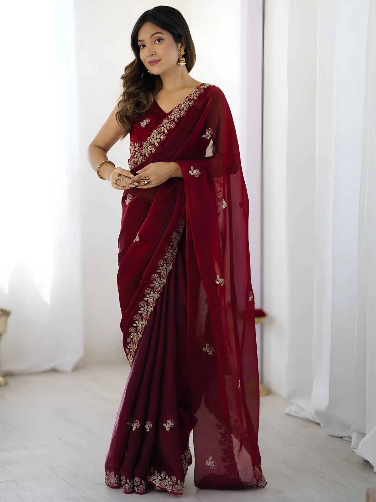 Tarani maroon Fandy Satin Silk saree full view with sequin embroidery and cutwork border for party wear