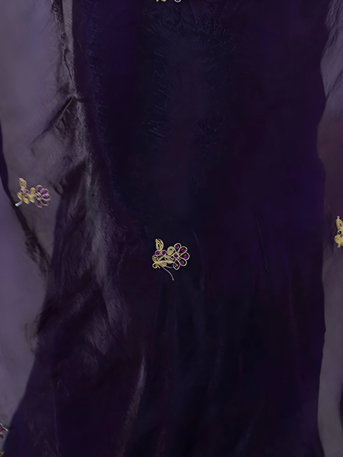 Tarani purple saree closeup view showing sequins thread embroidery