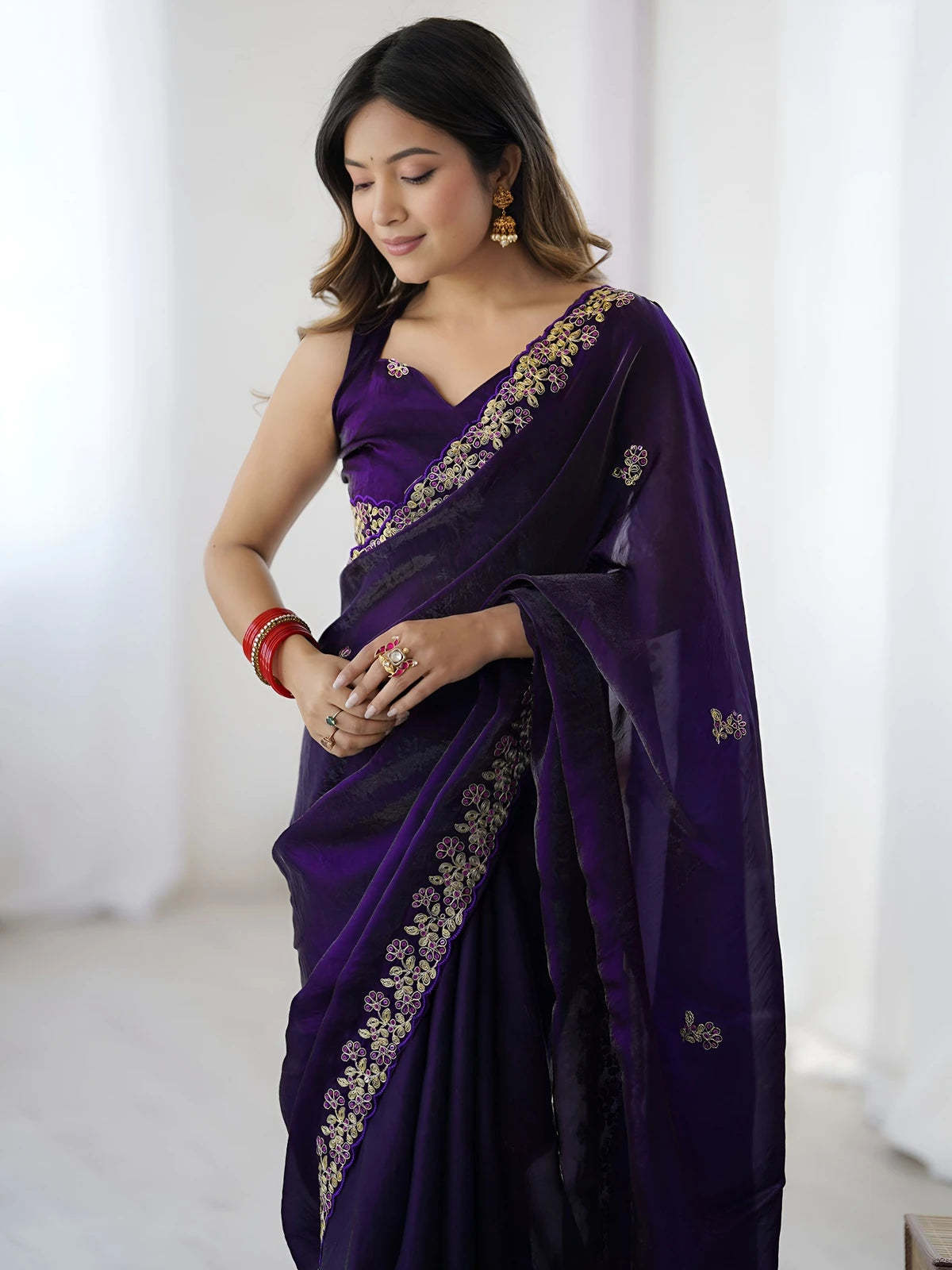 Tarani purple Fandy Satin Silk saree upper body view with embroidered blouse