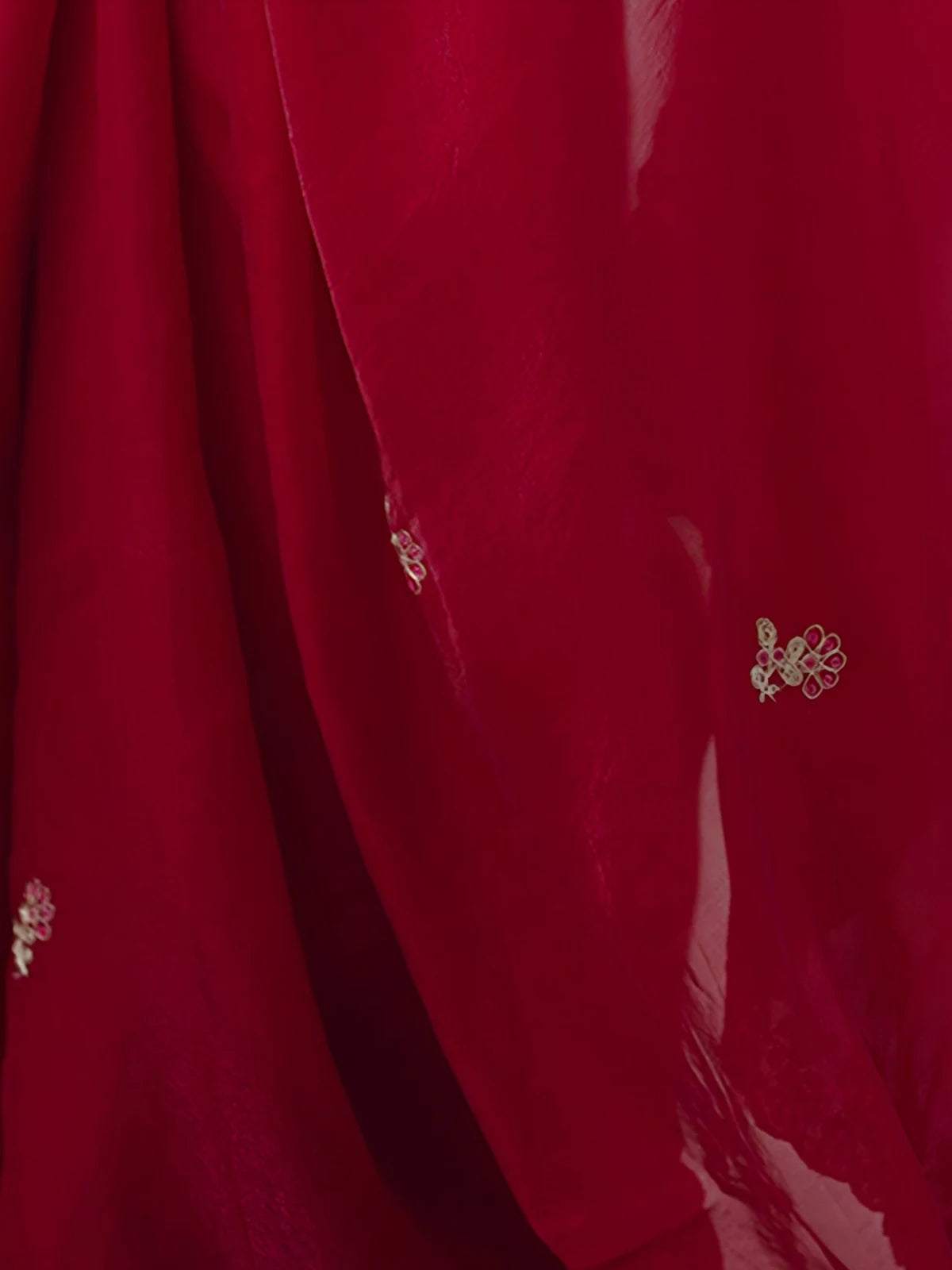 Tarani closeup of red Fandy Satin Silk saree showing sequins embroidery and cutwork details