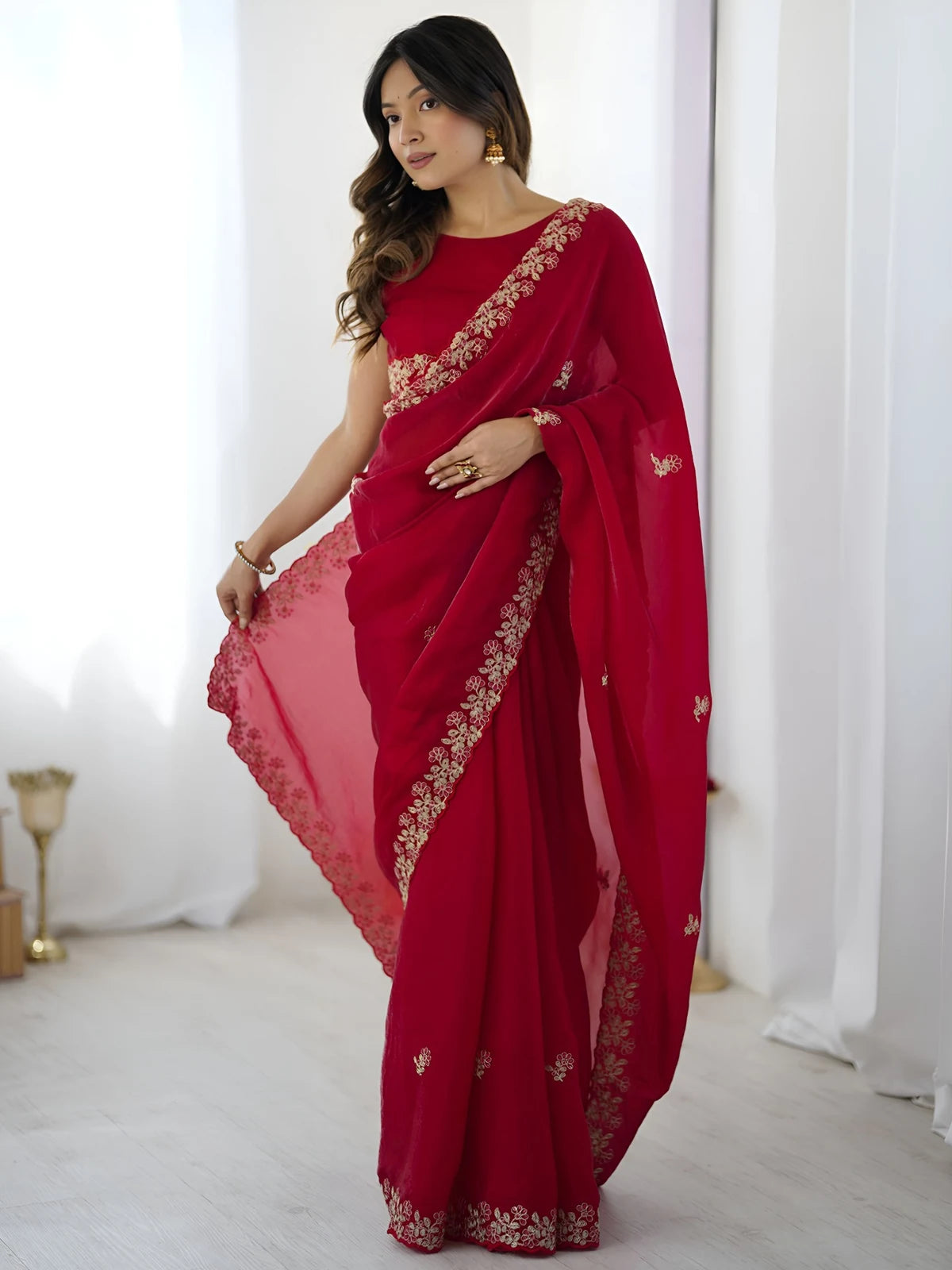 Tarani red Fandy Satin Silk saree front view with elegant embroidery and graceful drape