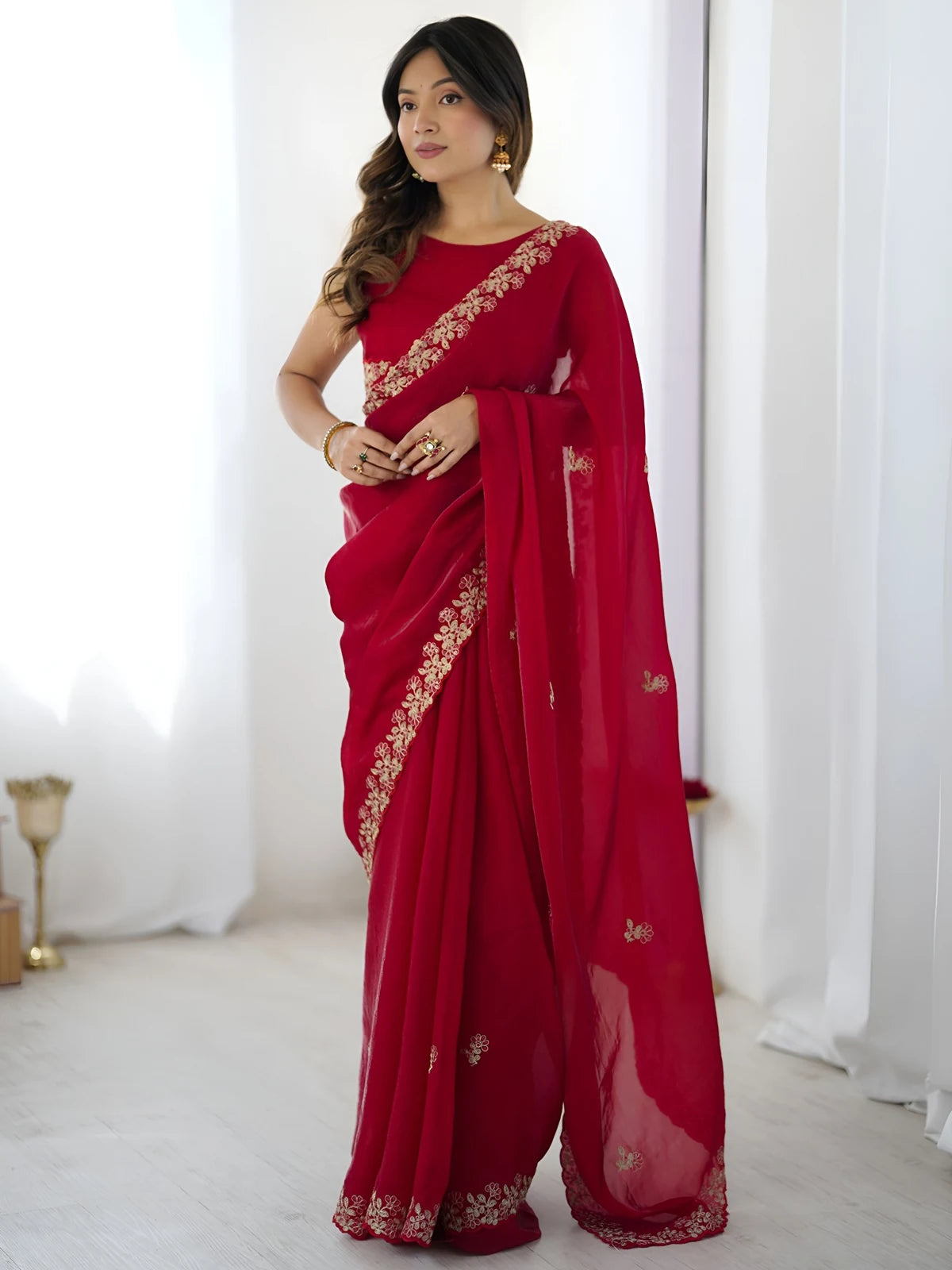 Tarani red Fandy Satin Silk saree full view with sequins embroidery and cutwork border for wedding wear