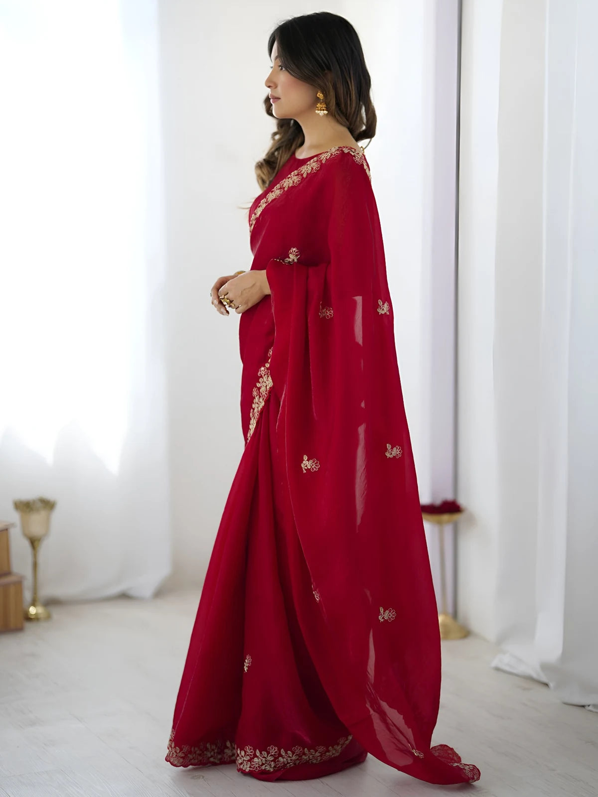 Tarani red Fandy Satin Silk saree side view with embroidered pallu and festive styling