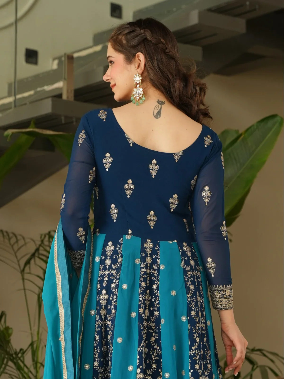 Tarani blue faux blooming gown with dupatta full back view embroidery details