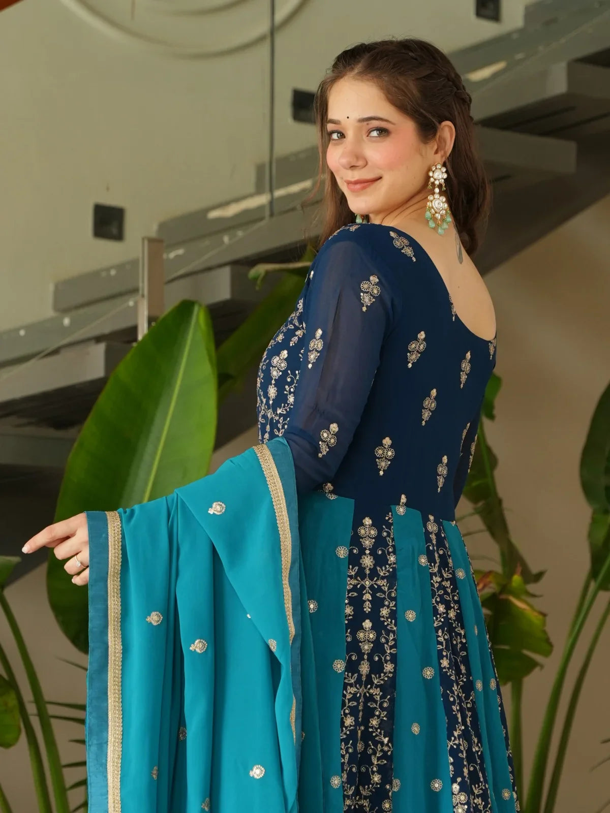 Tarani side view premium faux blooming gown with dupatta in blue