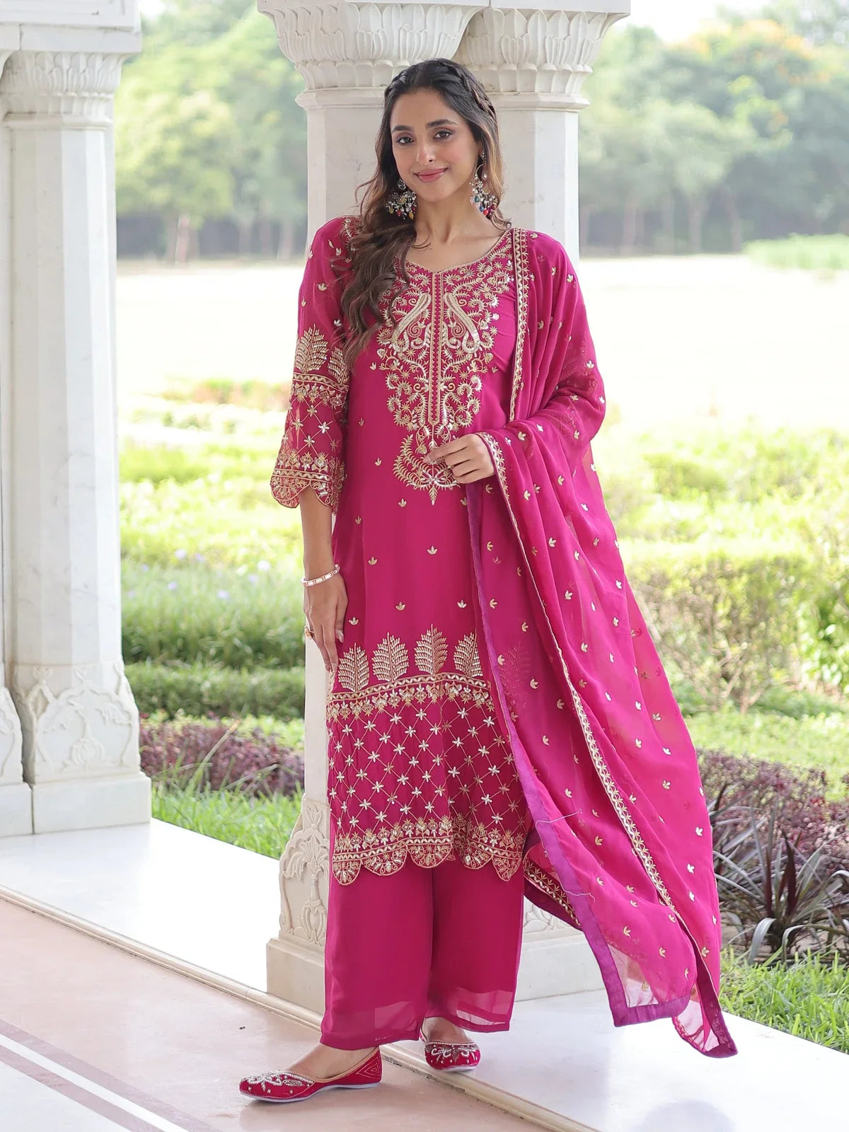 Tarani pink faux blooming dress with full embroidery and dupatta front view
