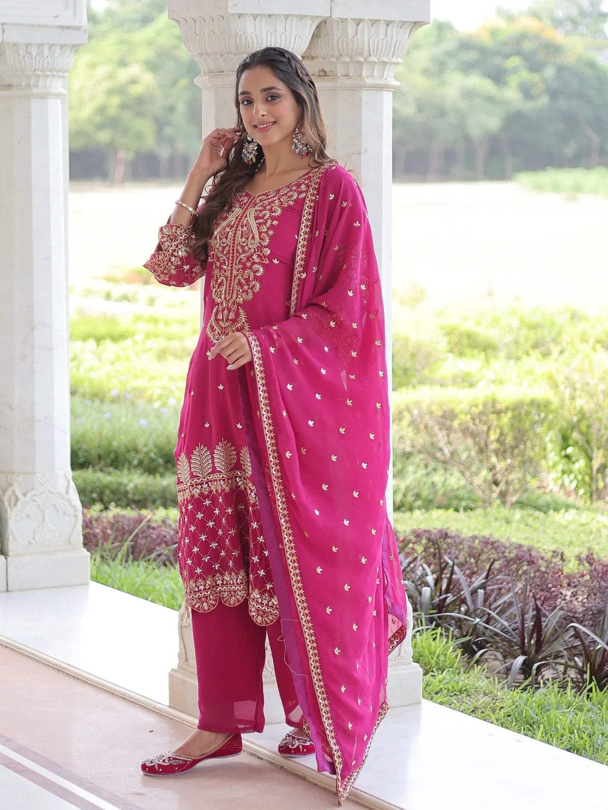 Full view of Tarani festive embroidered faux blooming pink dress with dupatta
