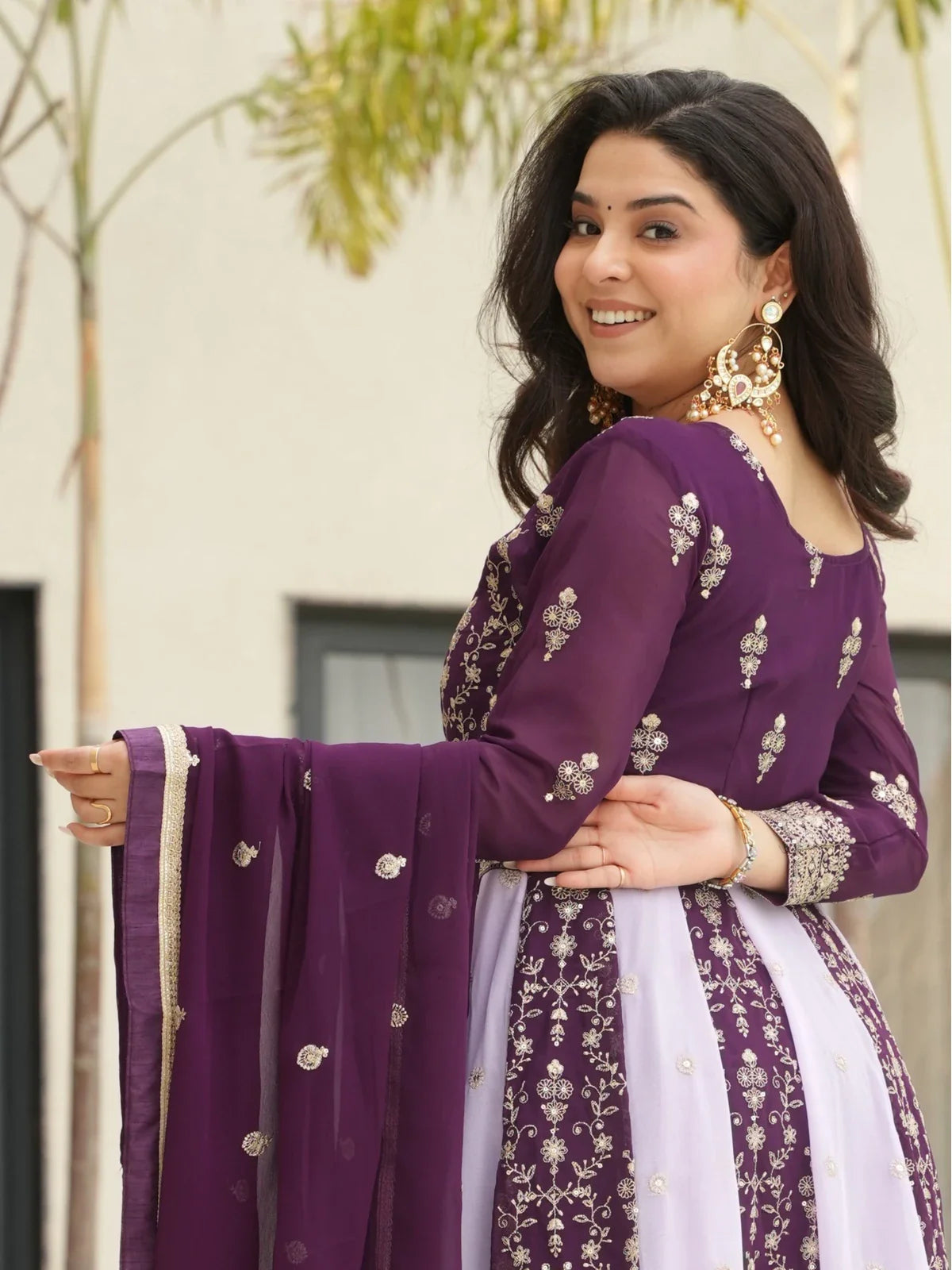 Tarani purple faux blooming embroidered gown with dupatta back design view