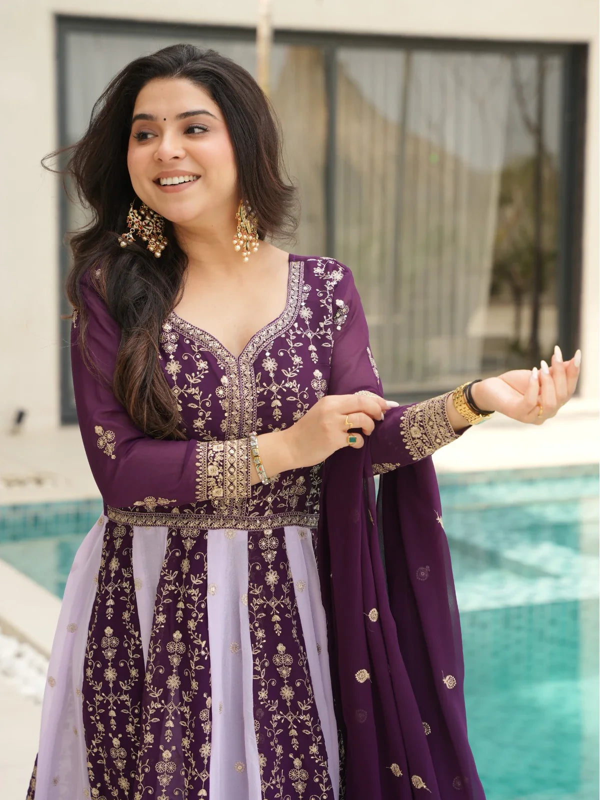 Tarani purple faux blooming gown with zari sequins embroidery upper body view