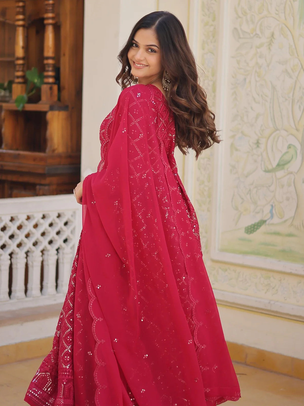 Tarani rani faux blooming embroidered gown with dupatta elegant back view
