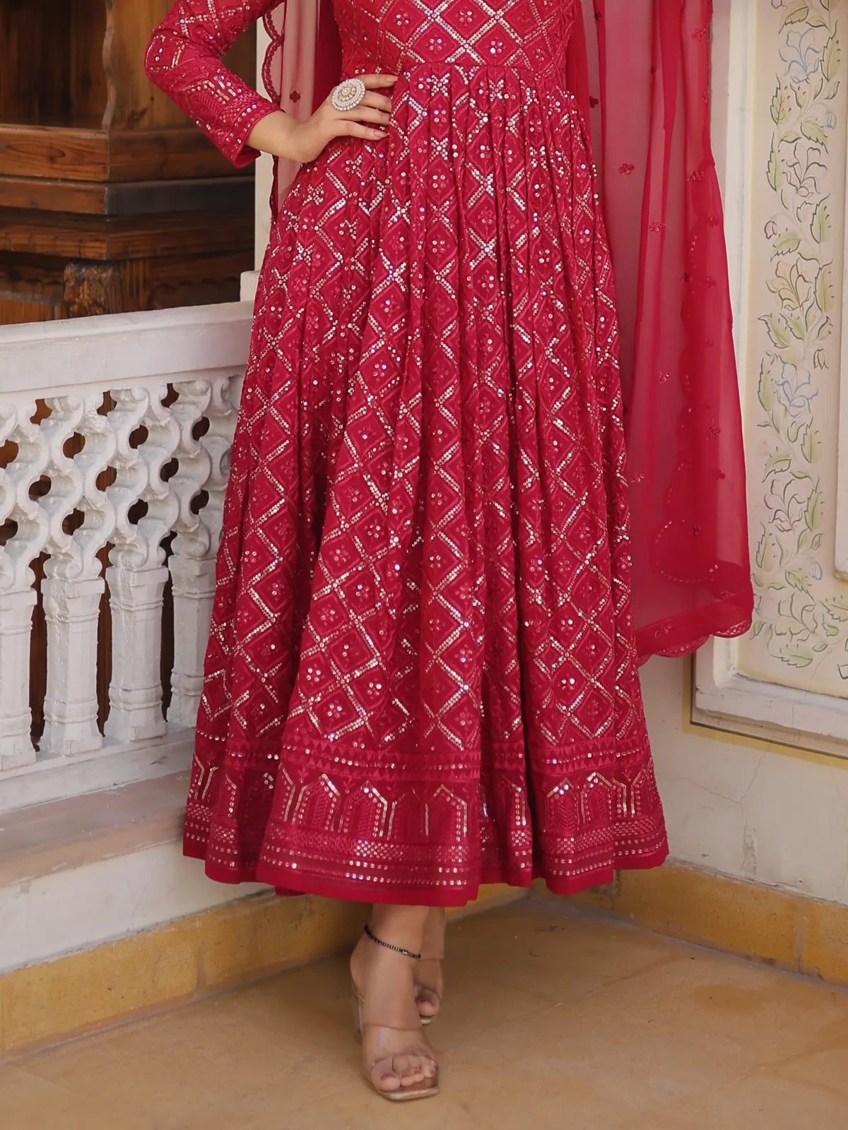 Tarani rani faux blooming embroidered gown closeup of sequins and design details