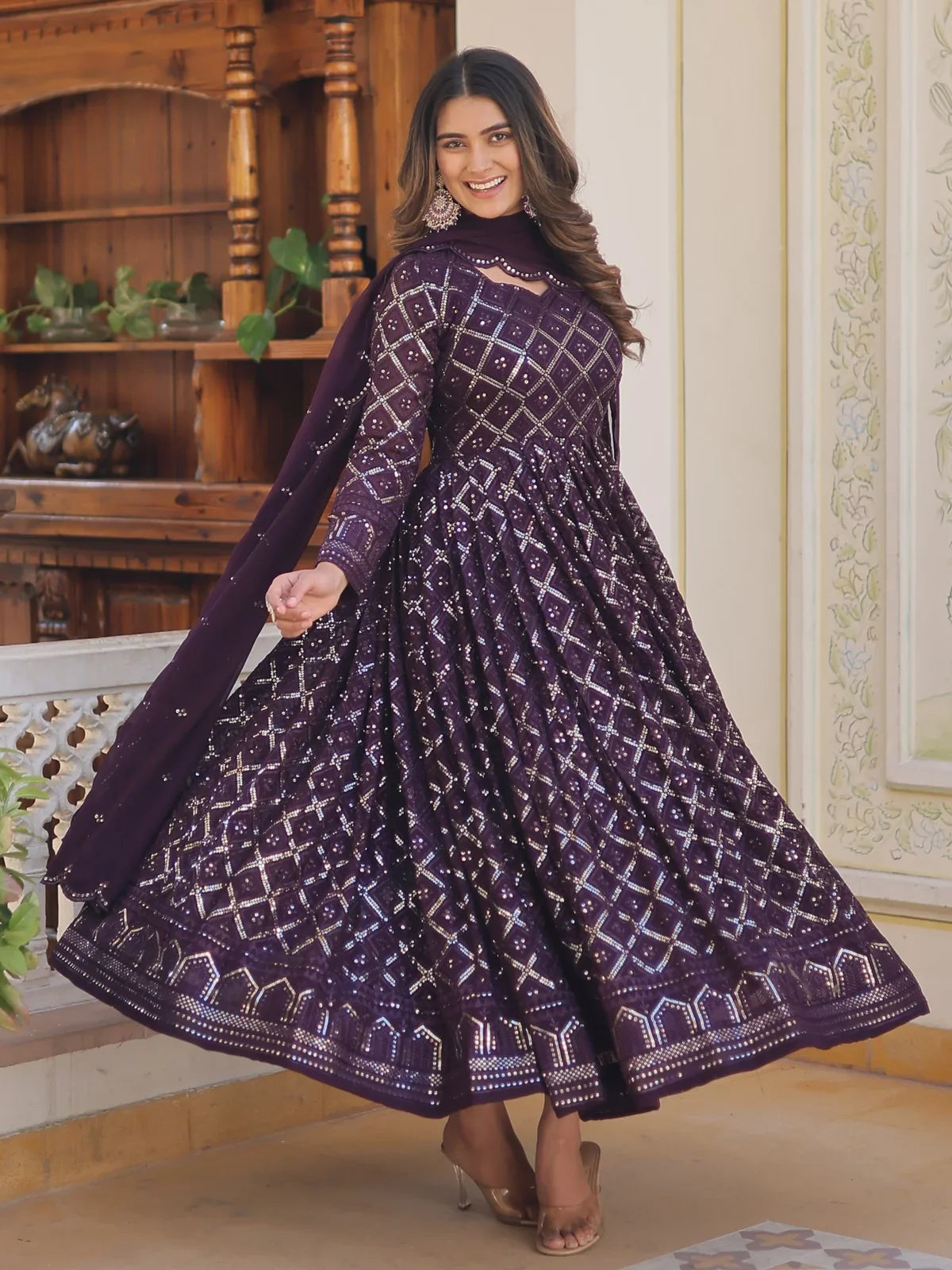Tarani wine faux blooming embroidered gown with dupatta front view