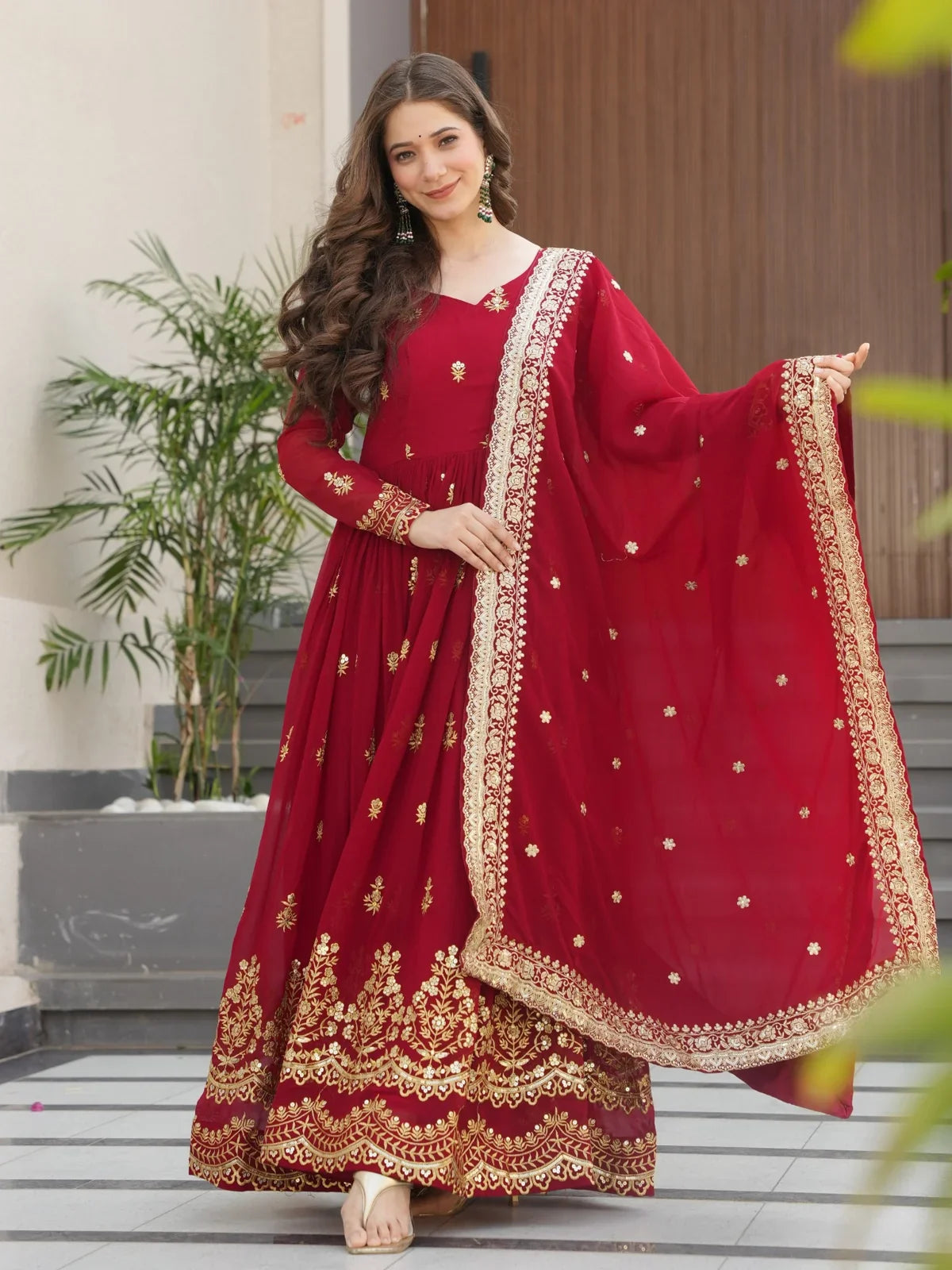 Tarani maroon faux blooming gown with zari and sequin embroidery full view for festive and wedding look