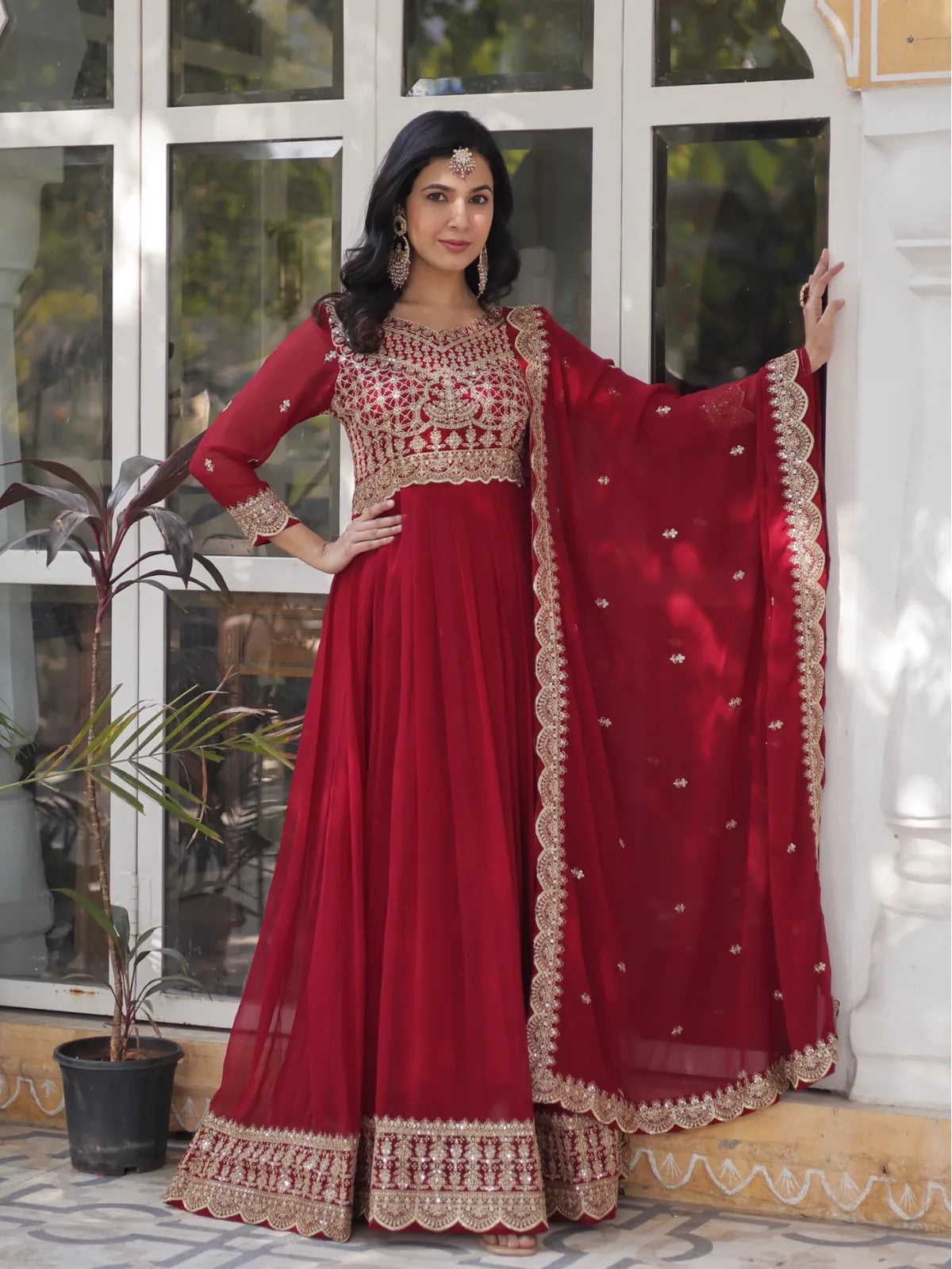 Tarani maroon faux blooming gown full view with embroidery and dupatta for festive occasions