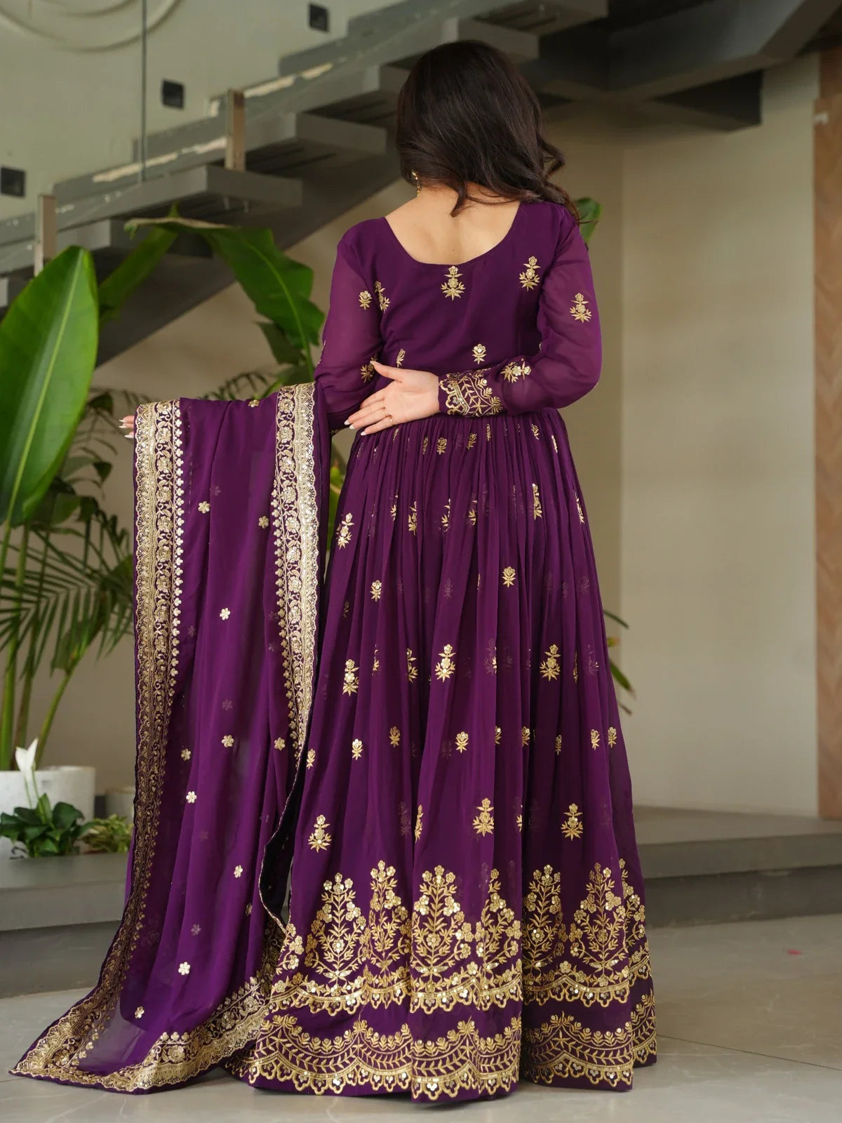 Tarani designer purple faux blooming embroidered gown back view with dupatta