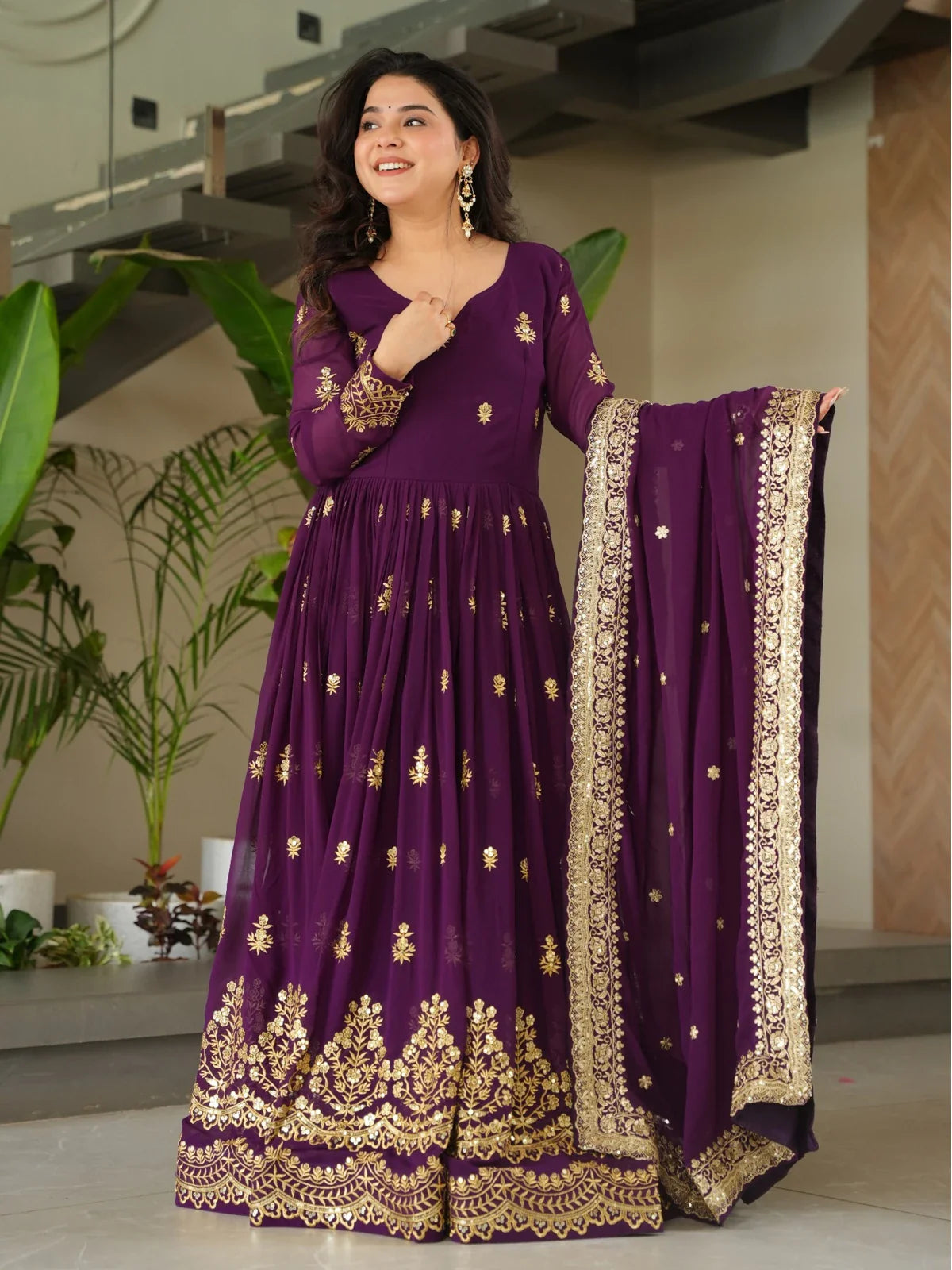 Tarani faux blooming purple gown with zari and sequin embroidery front view