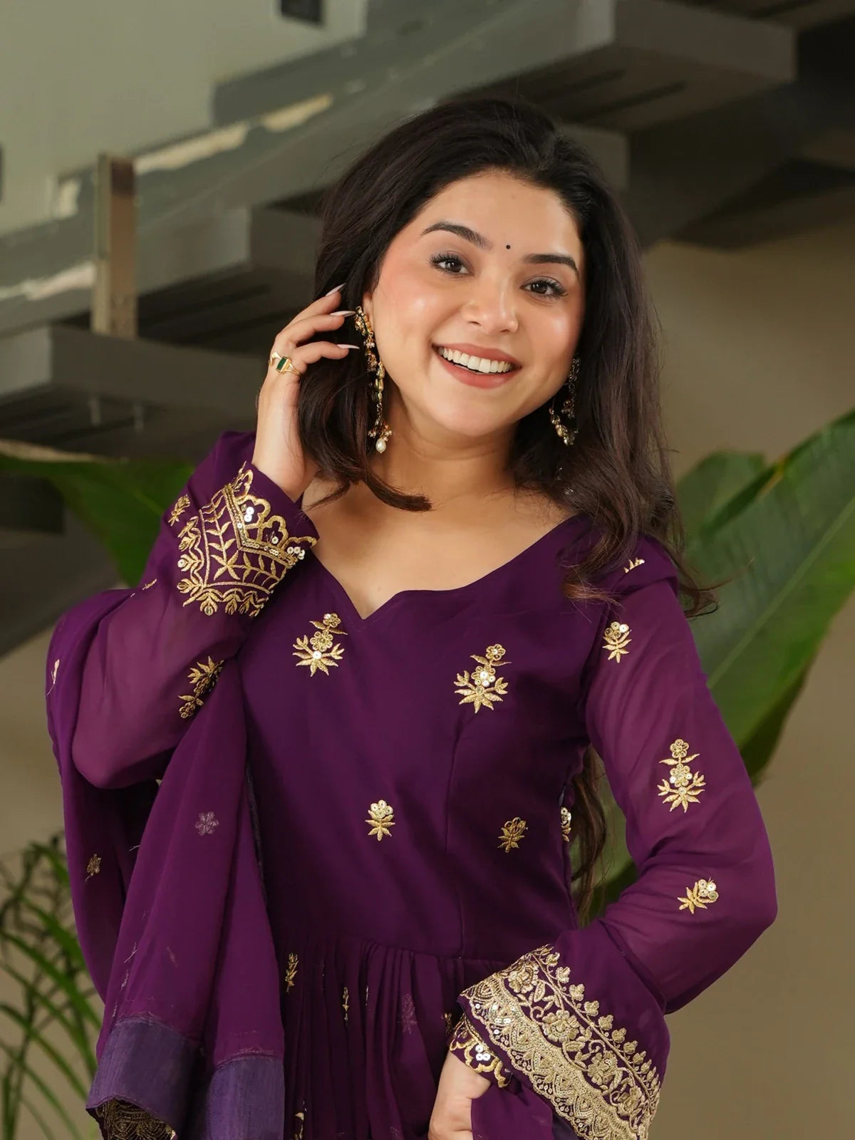 Tarani premium faux blooming purple embroidered gown upper body view