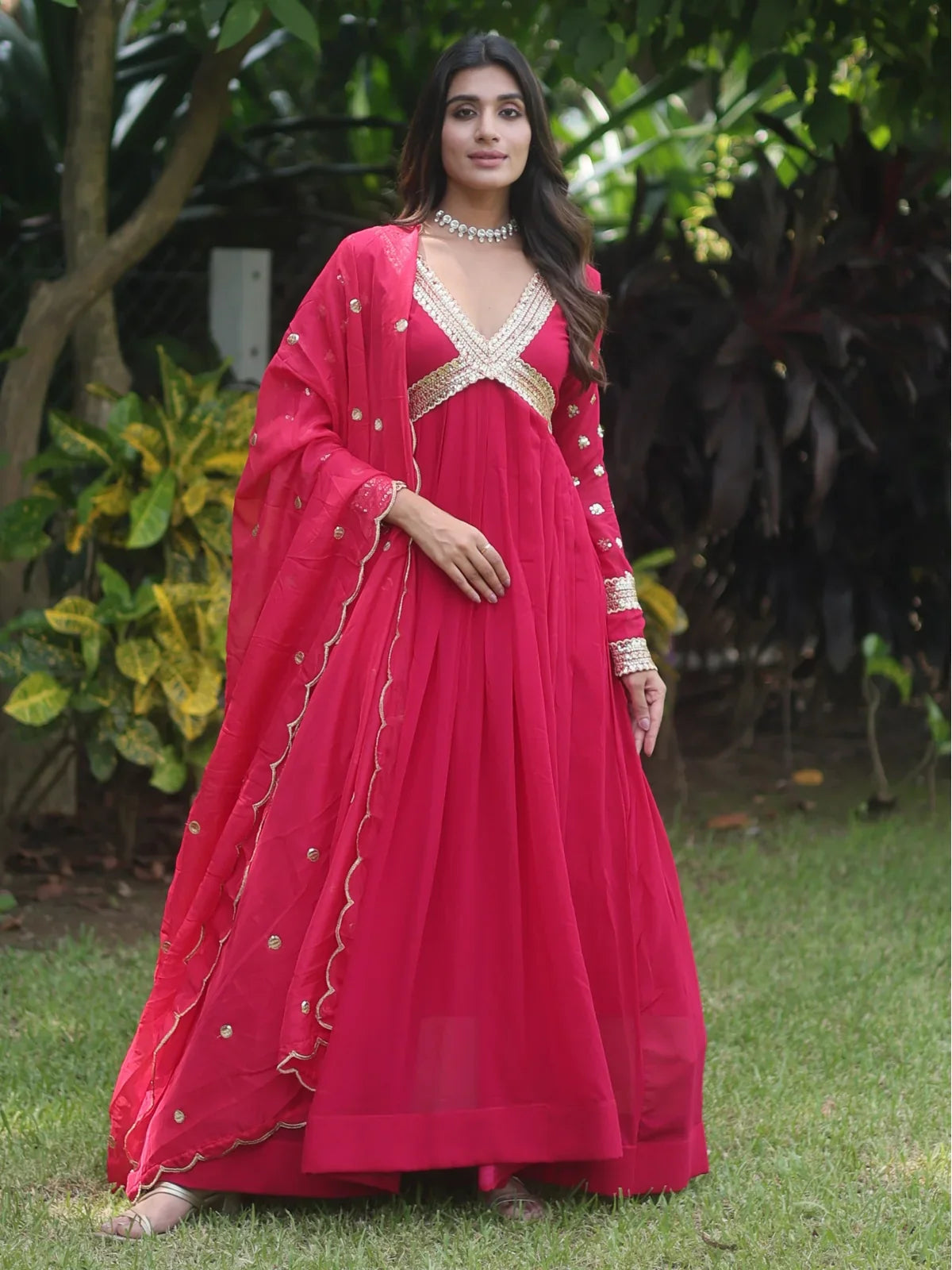 Tarani red faux blooming gown full view with dupatta for festive and party wear