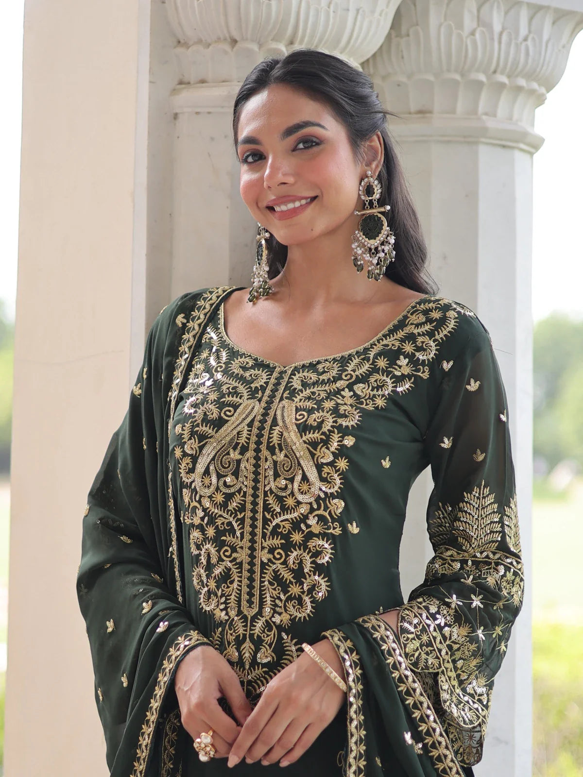 Tarani green embroidered dress upper half with detailed neckline and transparent sleeves