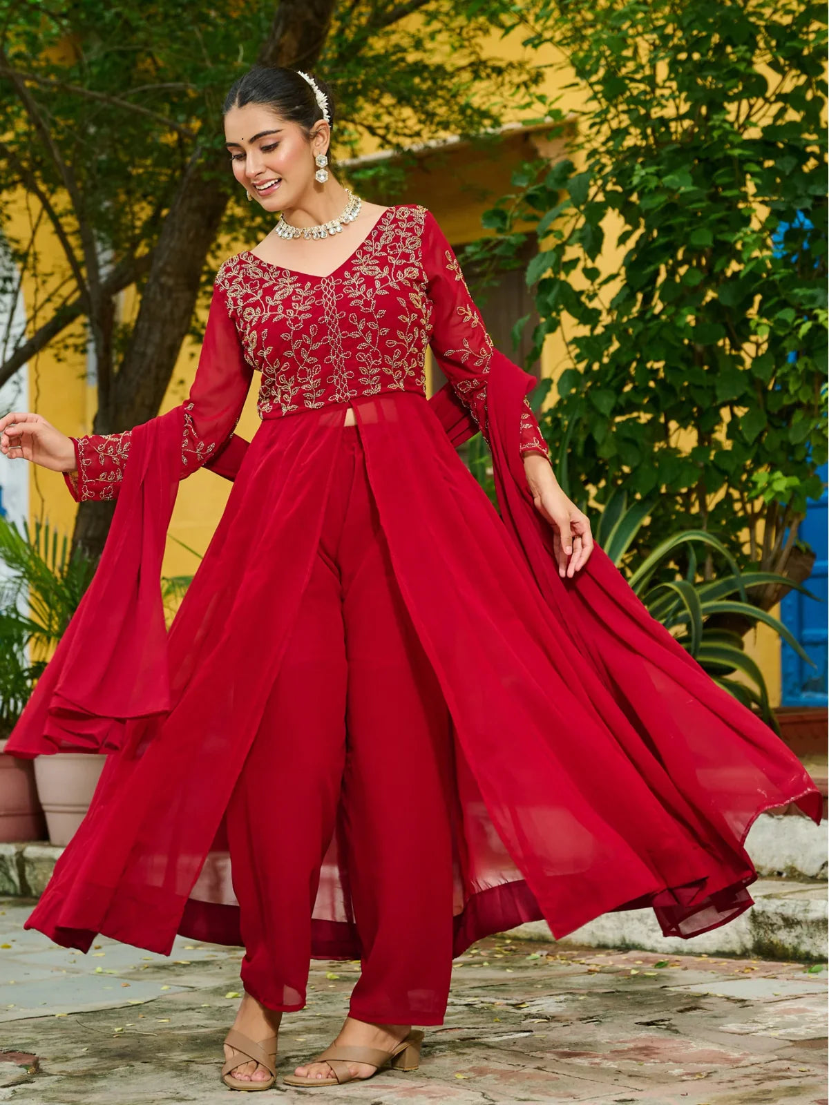 Tarani full-length red faux blooming dress with palazzo and dupatta for celebrations