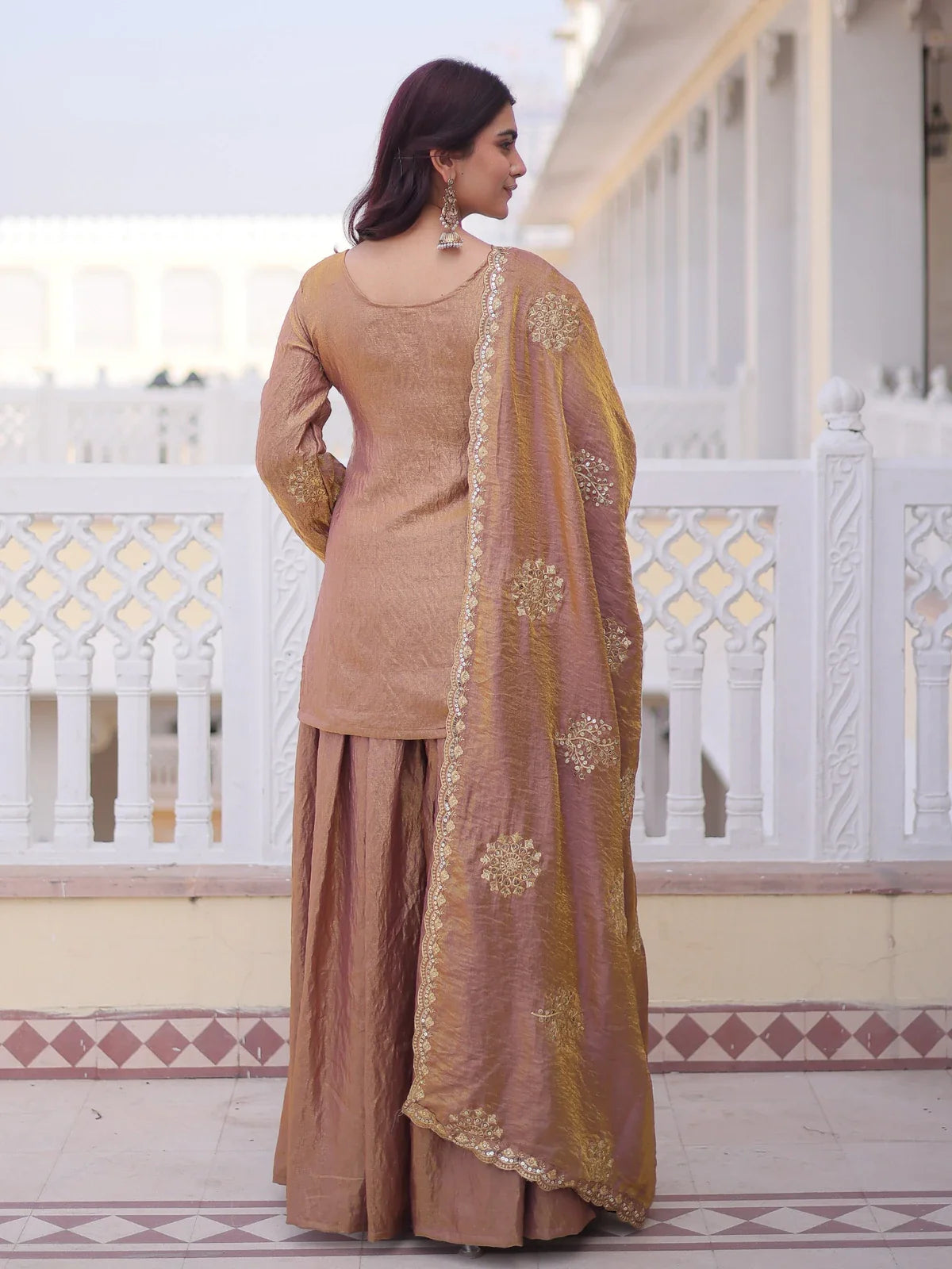 Tarani back view of brown Fendi Crush festive dress with zari embroidery and full flare sharara