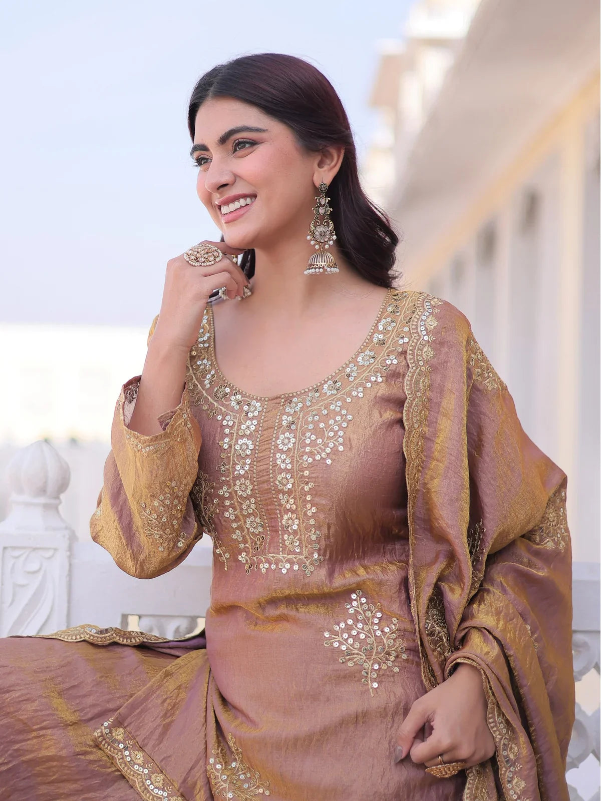 Tarani brown embroidered Fendi Crush kurti close-up with neckline and sleeve detailing