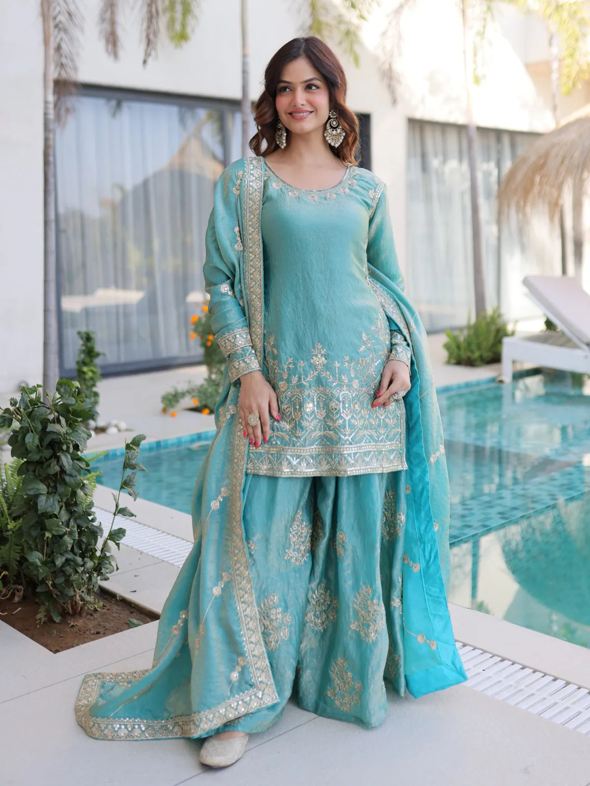 Tarani green Fendi embroidered party dress full view with dupatta and sharara set worn by model Shwetita