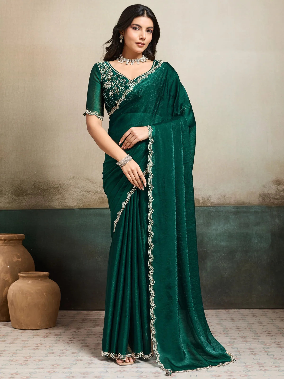 Tarani Dakshata green Fendy Chiffon Blooming saree with Jarque work full view for wedding and festive wear