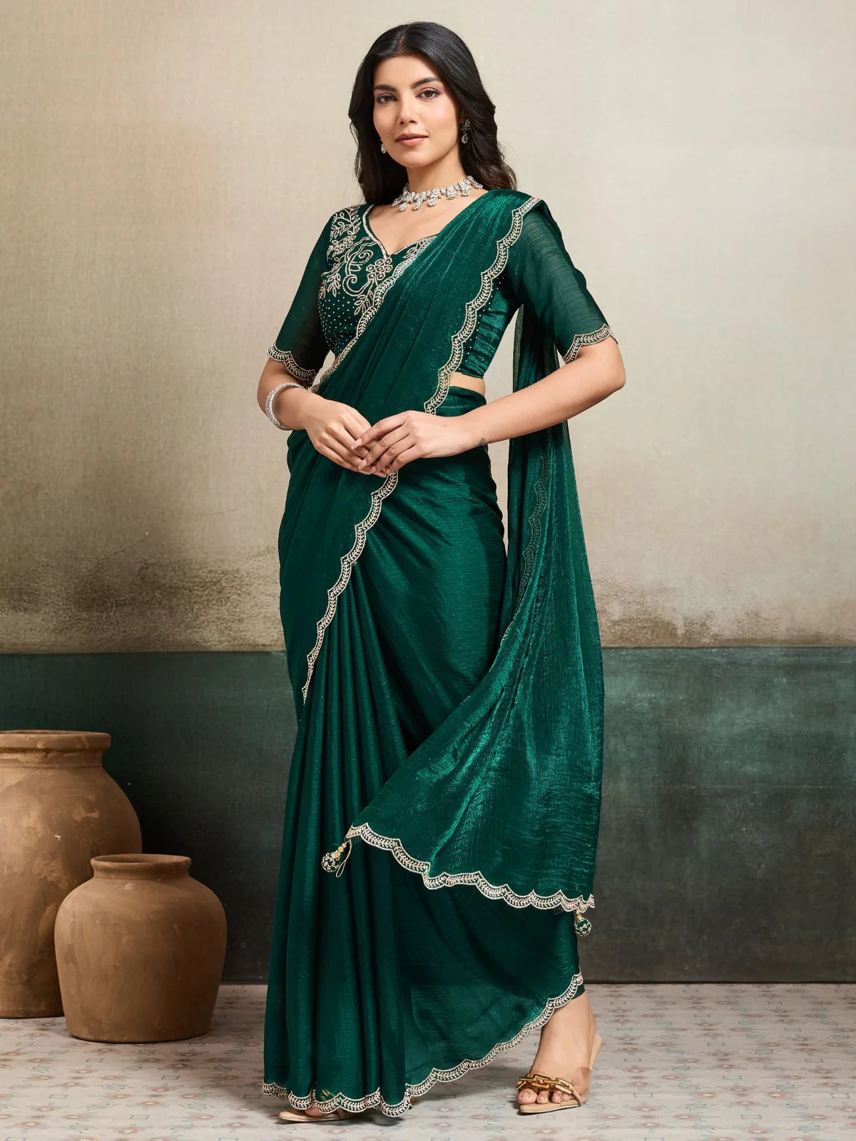 Tarani Dakshata green party wear saree elegant full length front pose