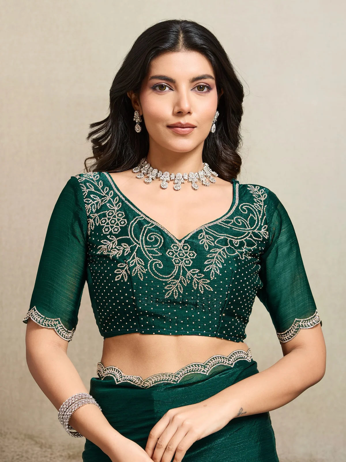 Tarani Dakshata green saree upper body blouse embroidery detail view