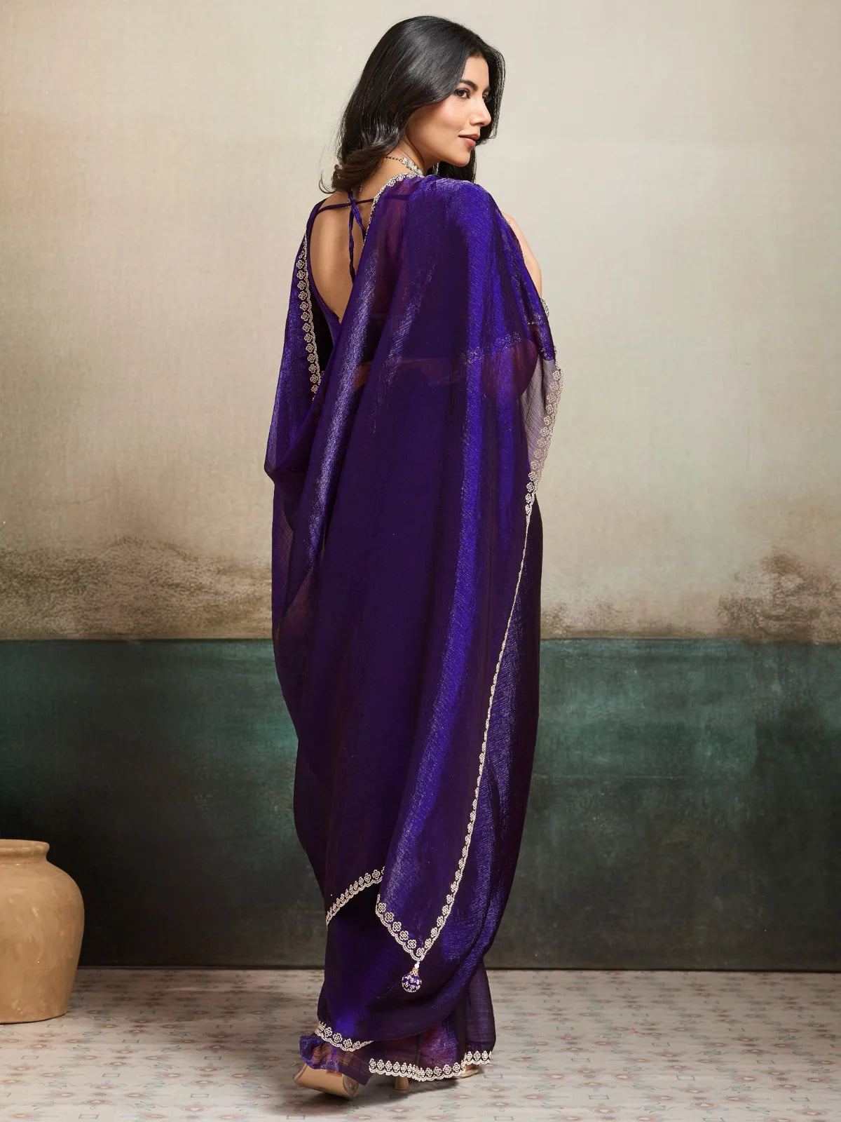 Tarani Mohini purple Fendy Chiffon Blooming saree back view with latkan detail
