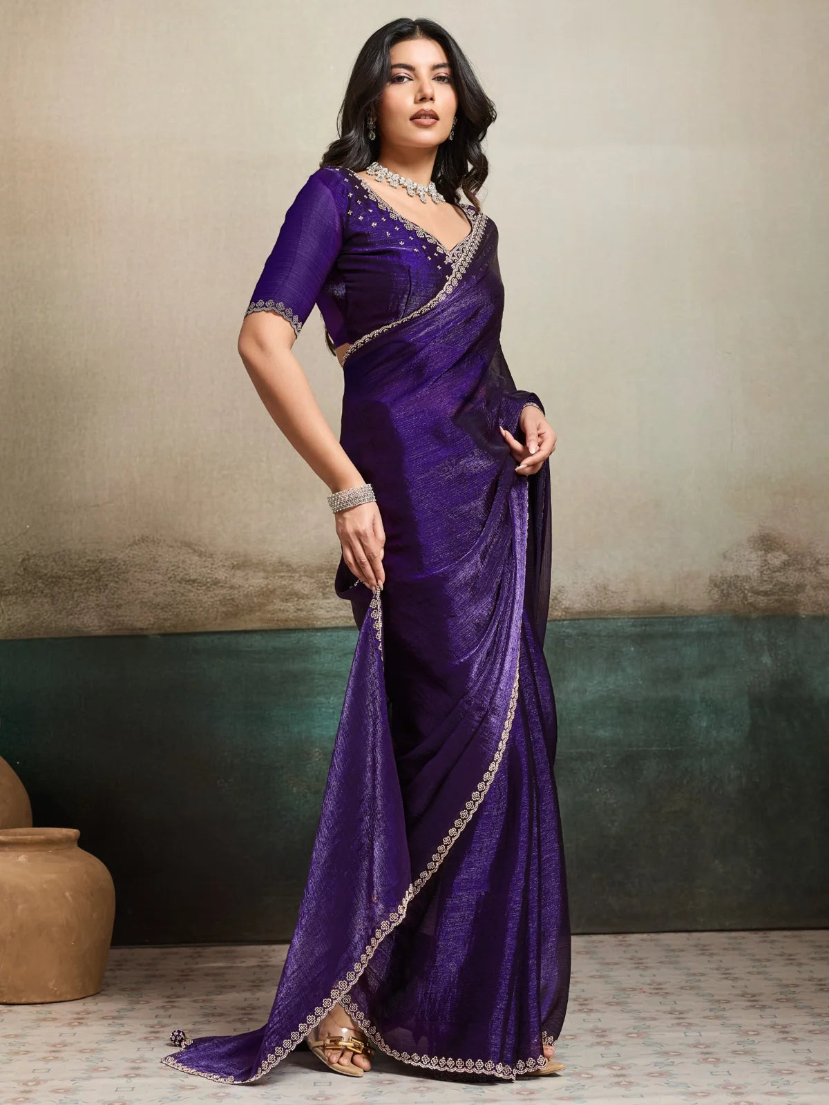 Tarani Mohini purple Fendy Chiffon Blooming saree front drape party wear look