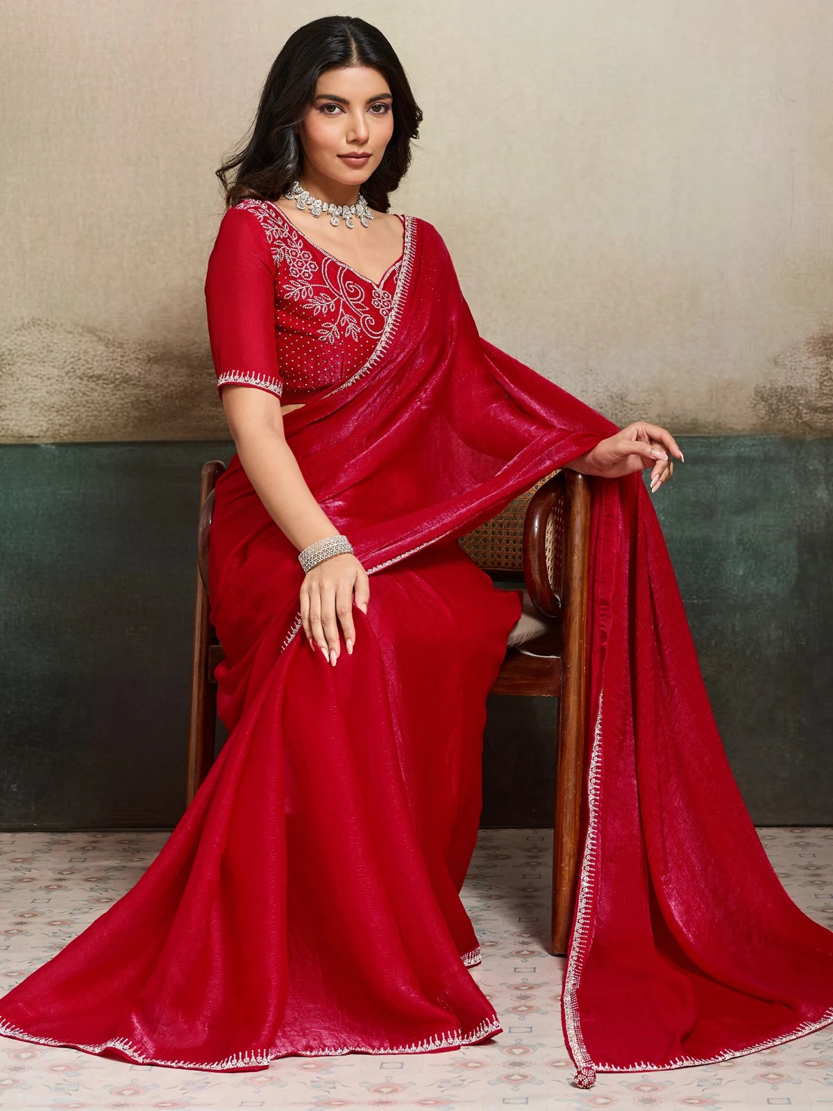 Tarani red wedding wear saree front view with Jarque work blouse