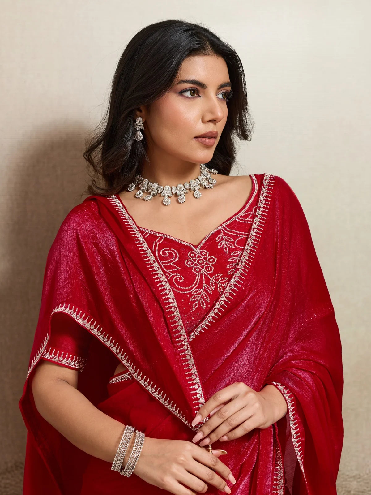 Tarani red Fendy Chiffon saree upper body view showing designer blouse