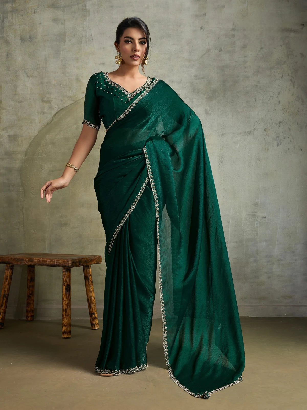 Tarani green Fendy Chiffon blooming saree with Zarkan work full view for festive and party wear