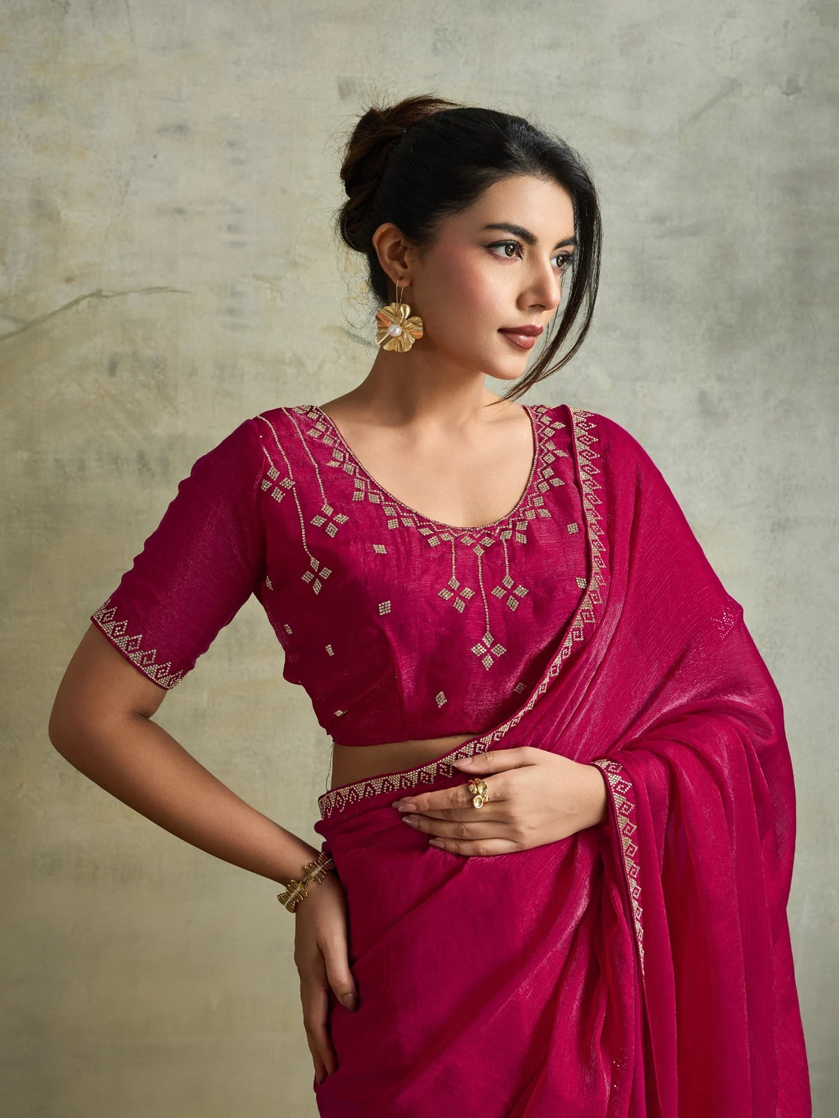 Tarani magenta Fendy Chiffon saree upper body view with detailed Zarkan work blouse