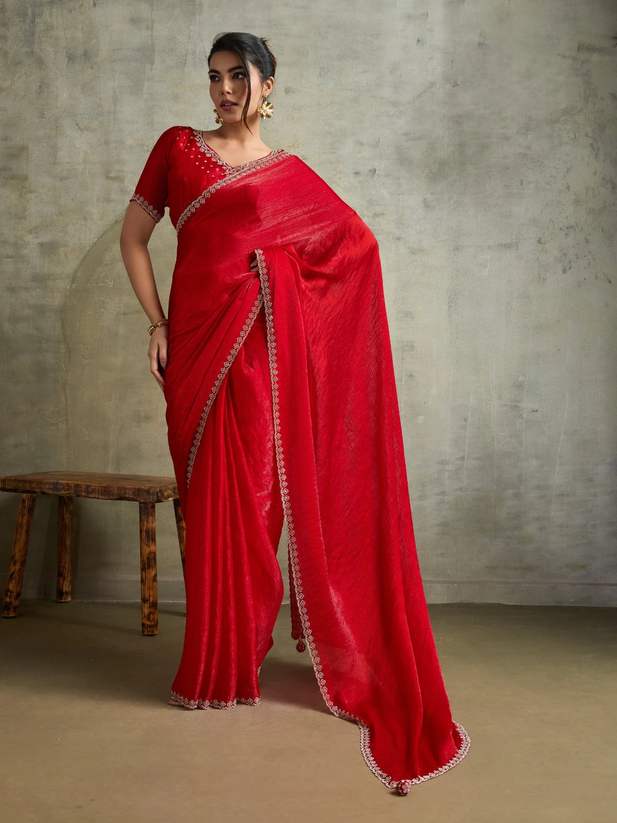 Tarani red Fendy Chiffon saree with designer Zarkan work full view for party and festive wear